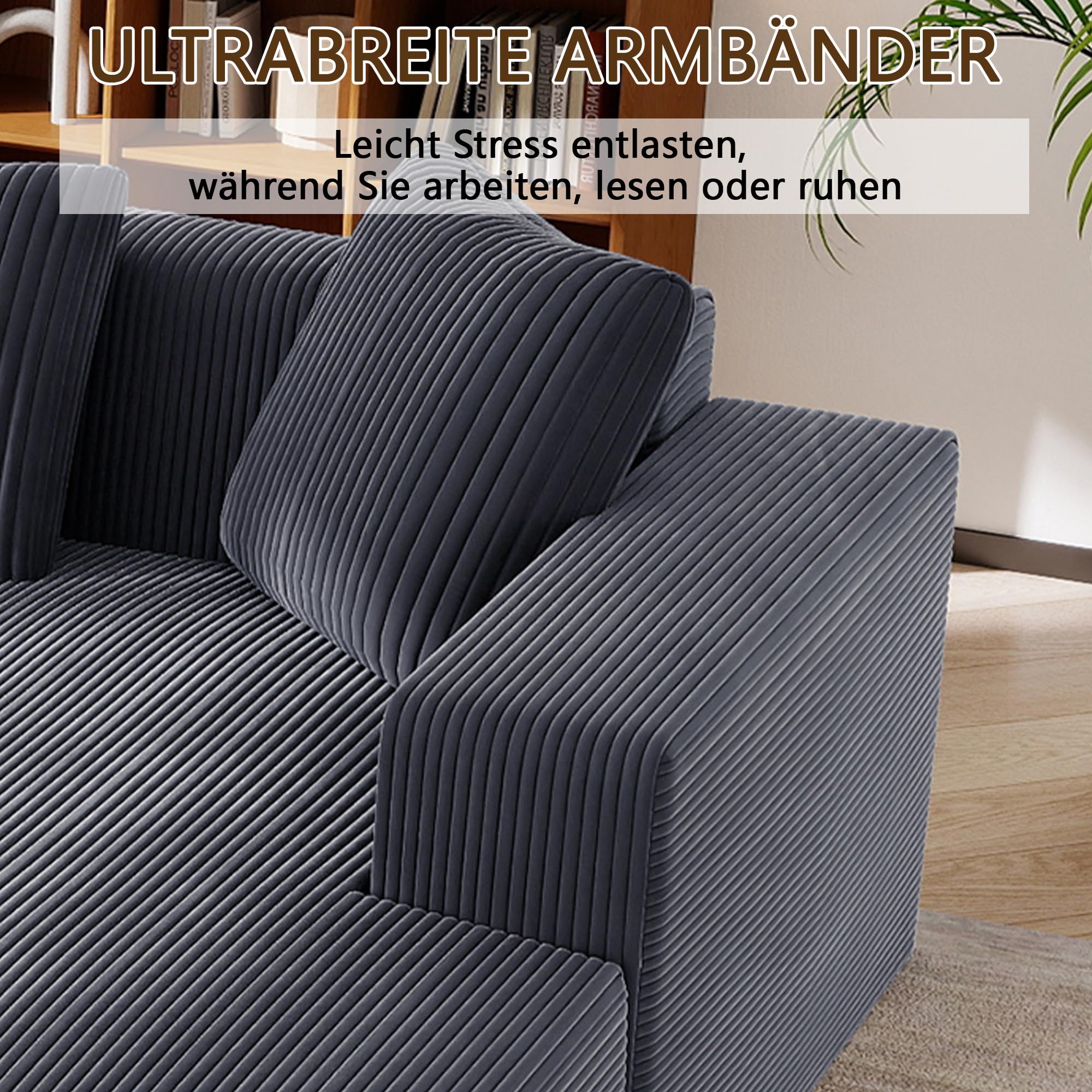 Bladez Sofá esquinero en L de 4 plazas - Sofá modular de pana con chaise longue reversible, 6 cojines, espuma de alta densidad, patas de plástico, duradero y cómodo, para salón, apartamentos (gris + 3
