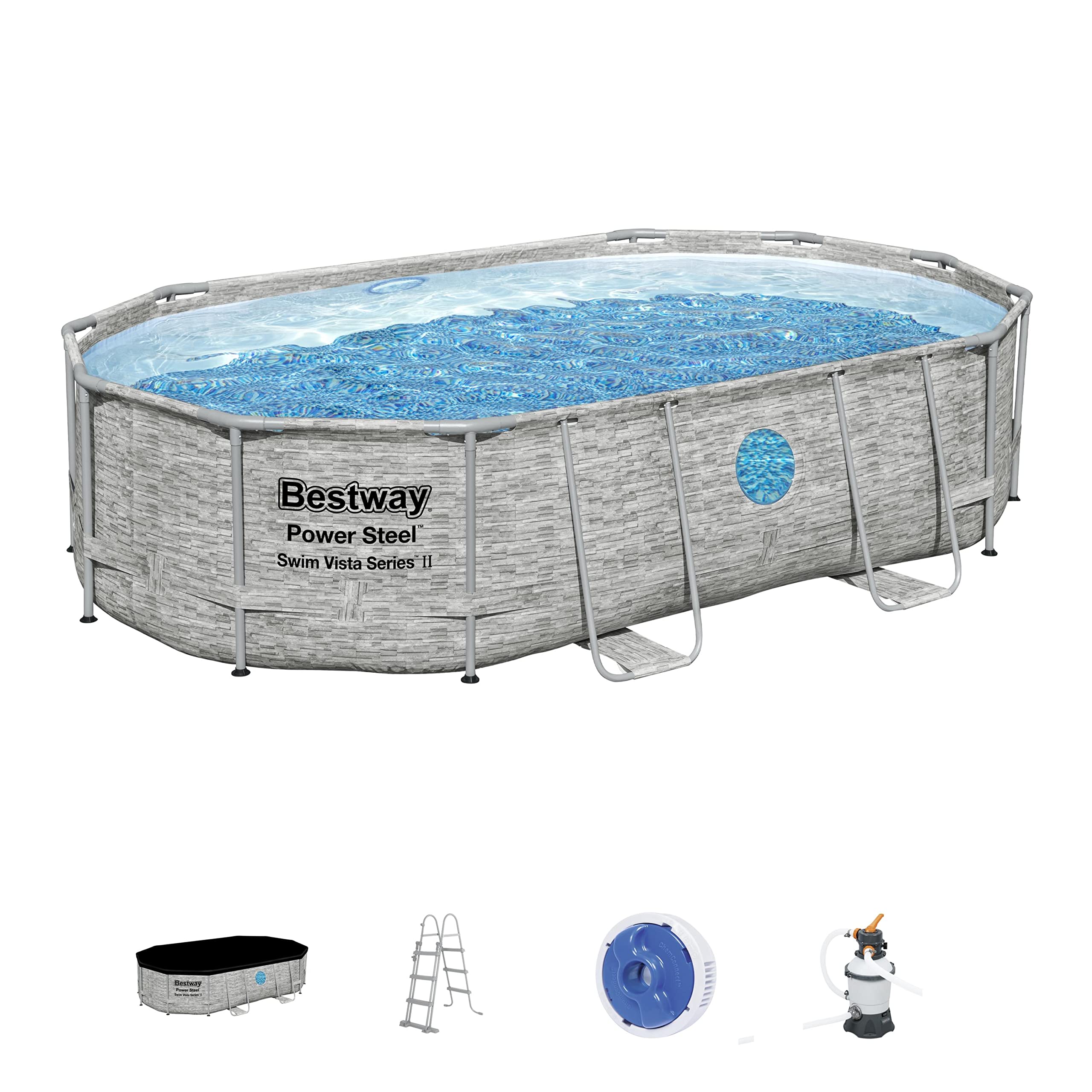 Bestway Power Steel Swim Vista Pool Set II, Garden Swimming Pool with Windows, Rattan Print Family Swimming Pool with Filter Pump, Ladder, Pool Cover and ChemConnect Dispenser, 16ft, Grey