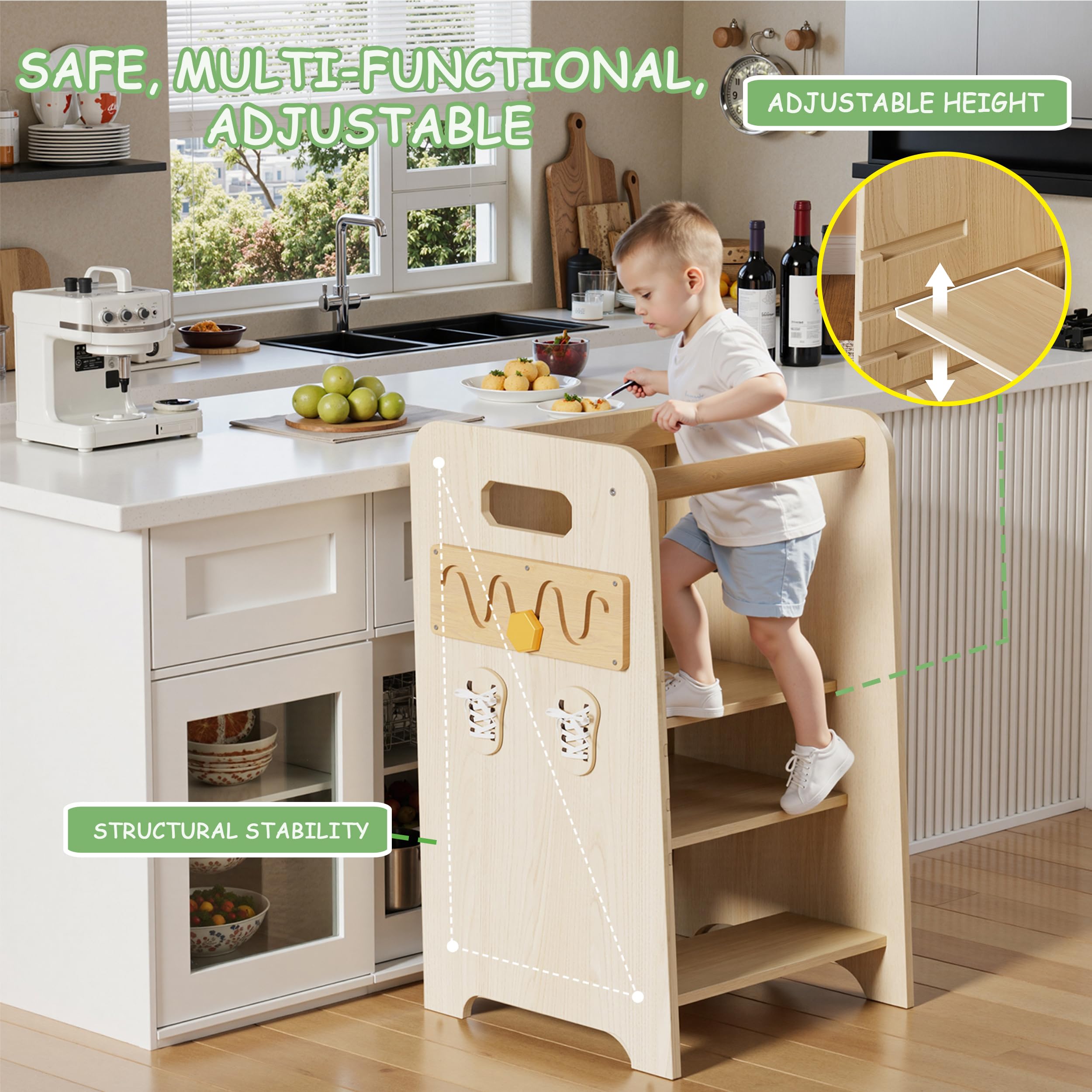 Torretta Montessoriana 4 in 1 Multifunzionale Torre Didattica con Lavagna e Scala Scorrevole per Bambini da 1 Anno
