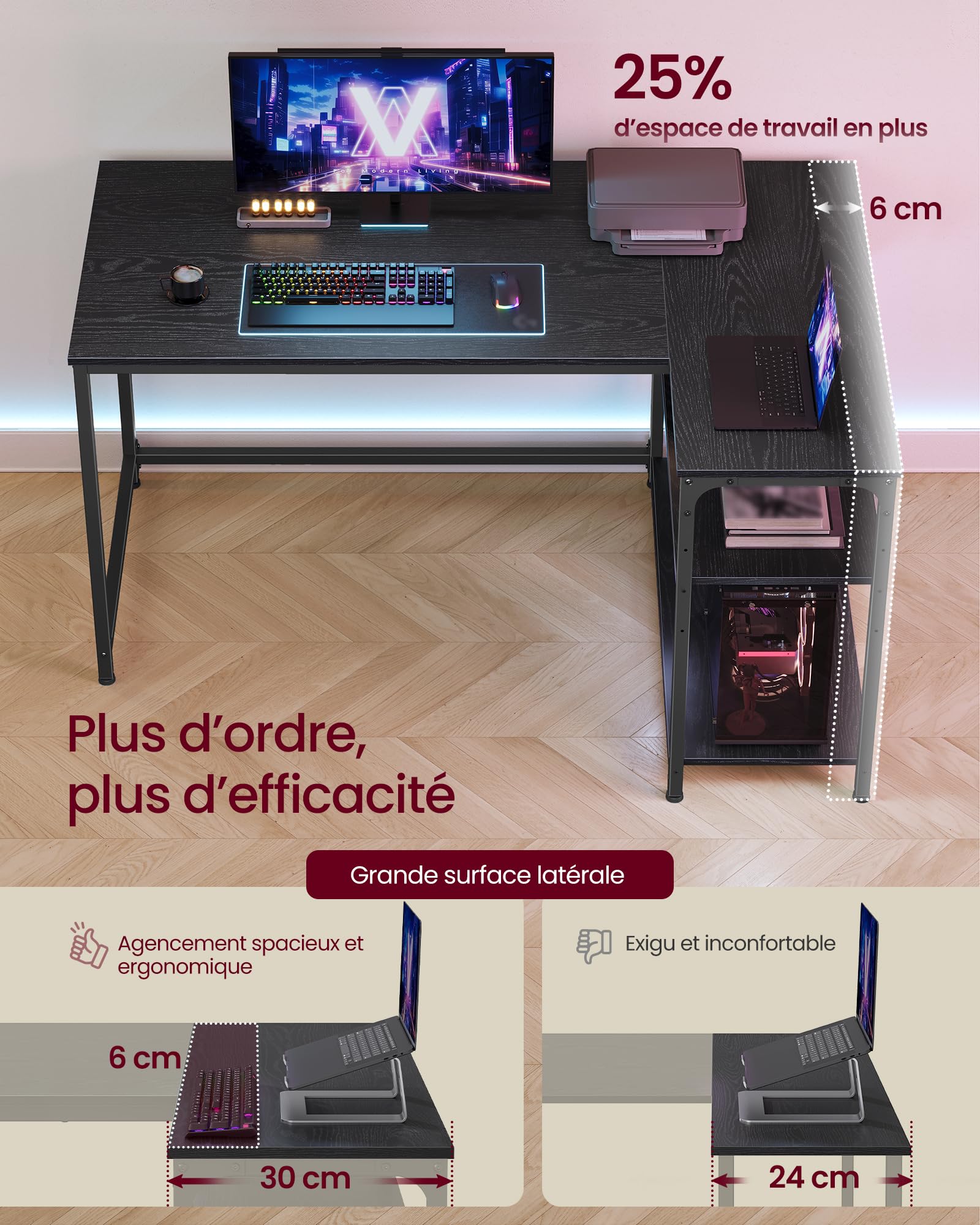 VASAGLE Bureau Gaming en L, Bureau avec Rangement, Étagères Réversibles à Hauteur Réglable, pour Domicile, 120 x 80 cm, Noir Boisé LWD136BE01