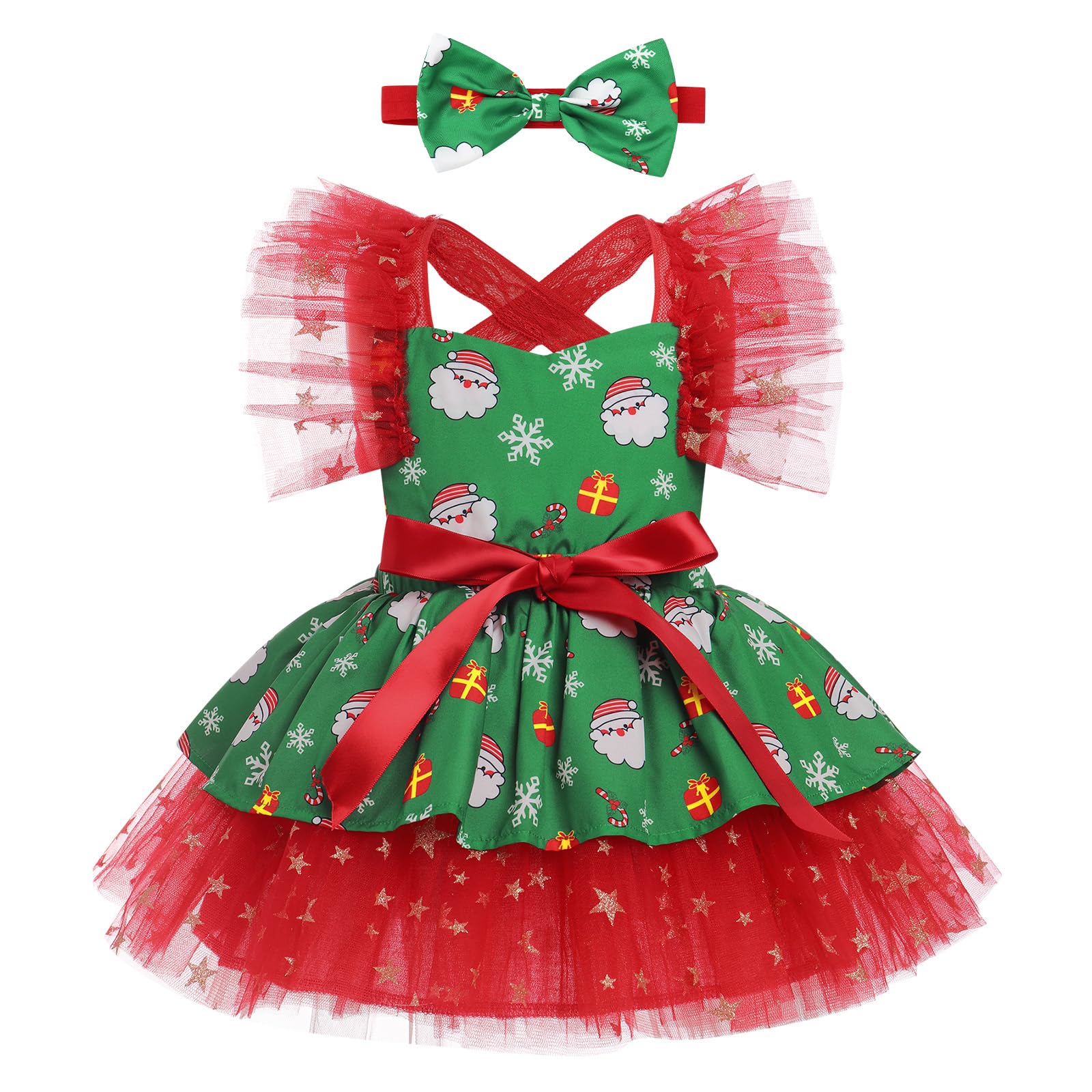 My First Christmas Baby Girl Outfit Baby Girls Tutu Romper Dress with Headband 2pcs Baby Girl First Birthday Outfit Infant One Piece Santa Baby Onesie Ruffle Sleeve Dress Xmas Green Red 3-6 Months