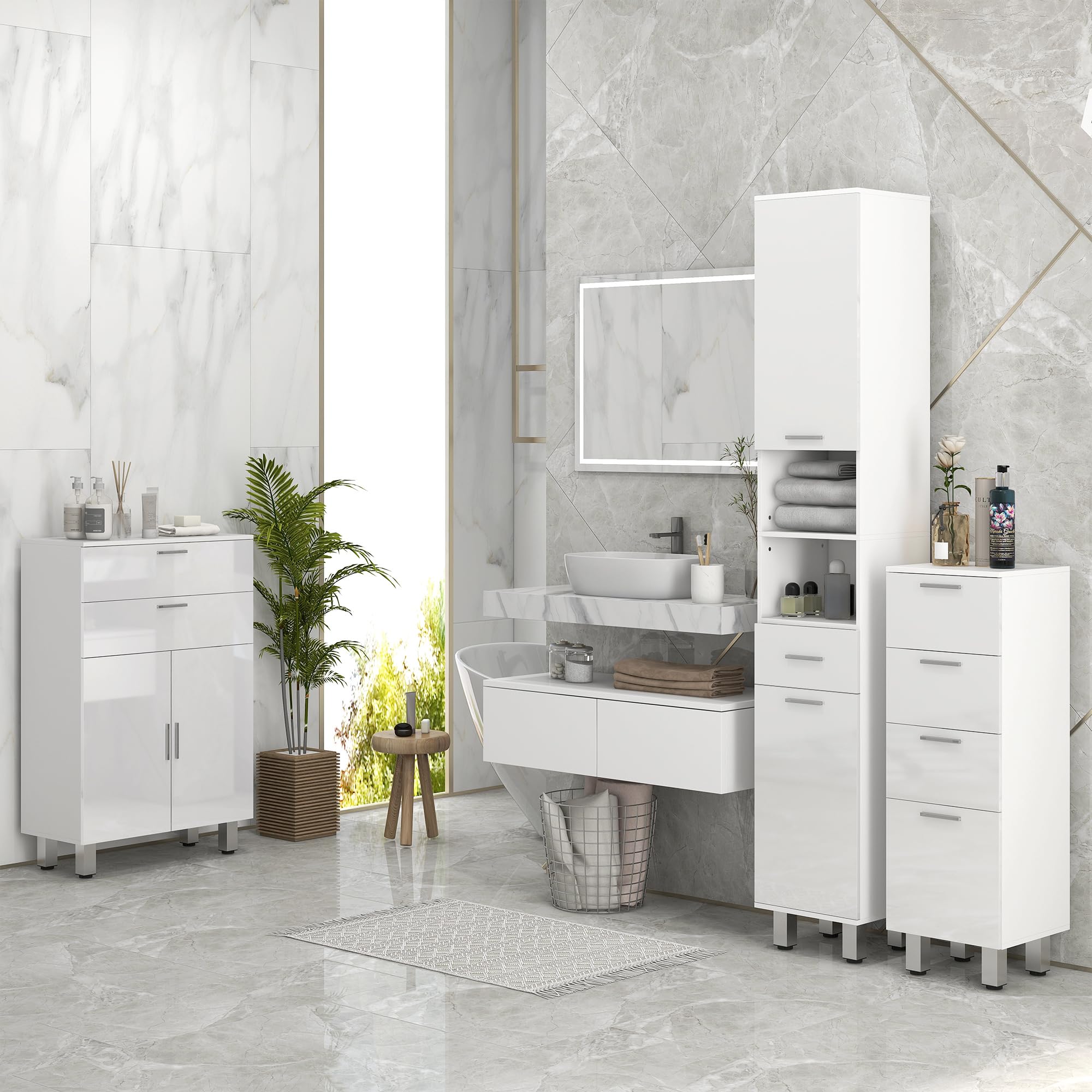 kleankin Meuble de Salle de Bain, Meuble de Rangement, Meuble de Toilette sur Pied avec 4 tiroirs et Base surélevée, Commode Salle de Bain, Salon, Chambre, 30 x 30 x 93 cm, Blanc Brillant