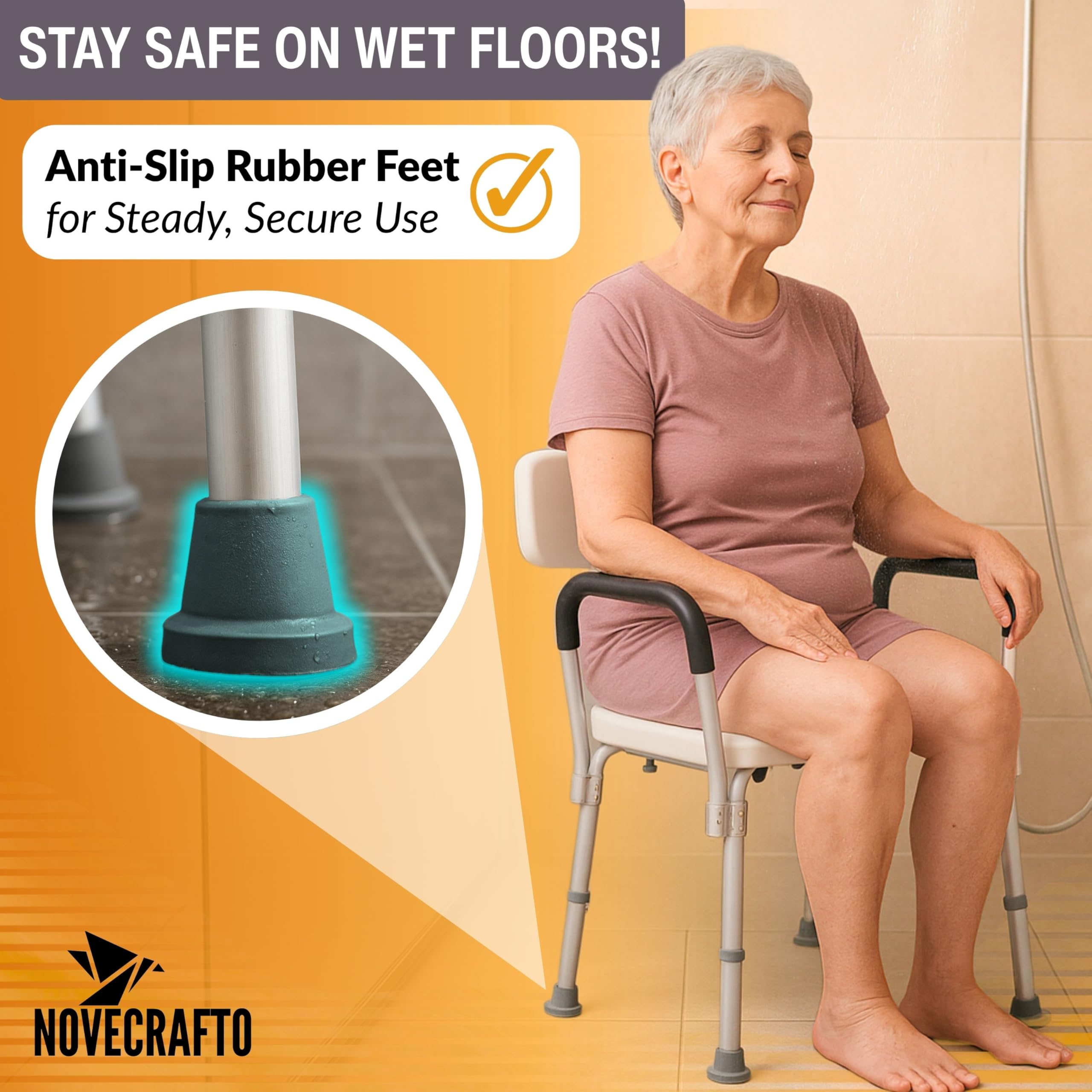 Silla de ducha ajustable con brazos y respaldo para ancianos y discapacitados, silla de baño de aluminio ligero para movilidad – 6 niveles de altura, pies antideslizantes y agujeros de drenaje – Carga