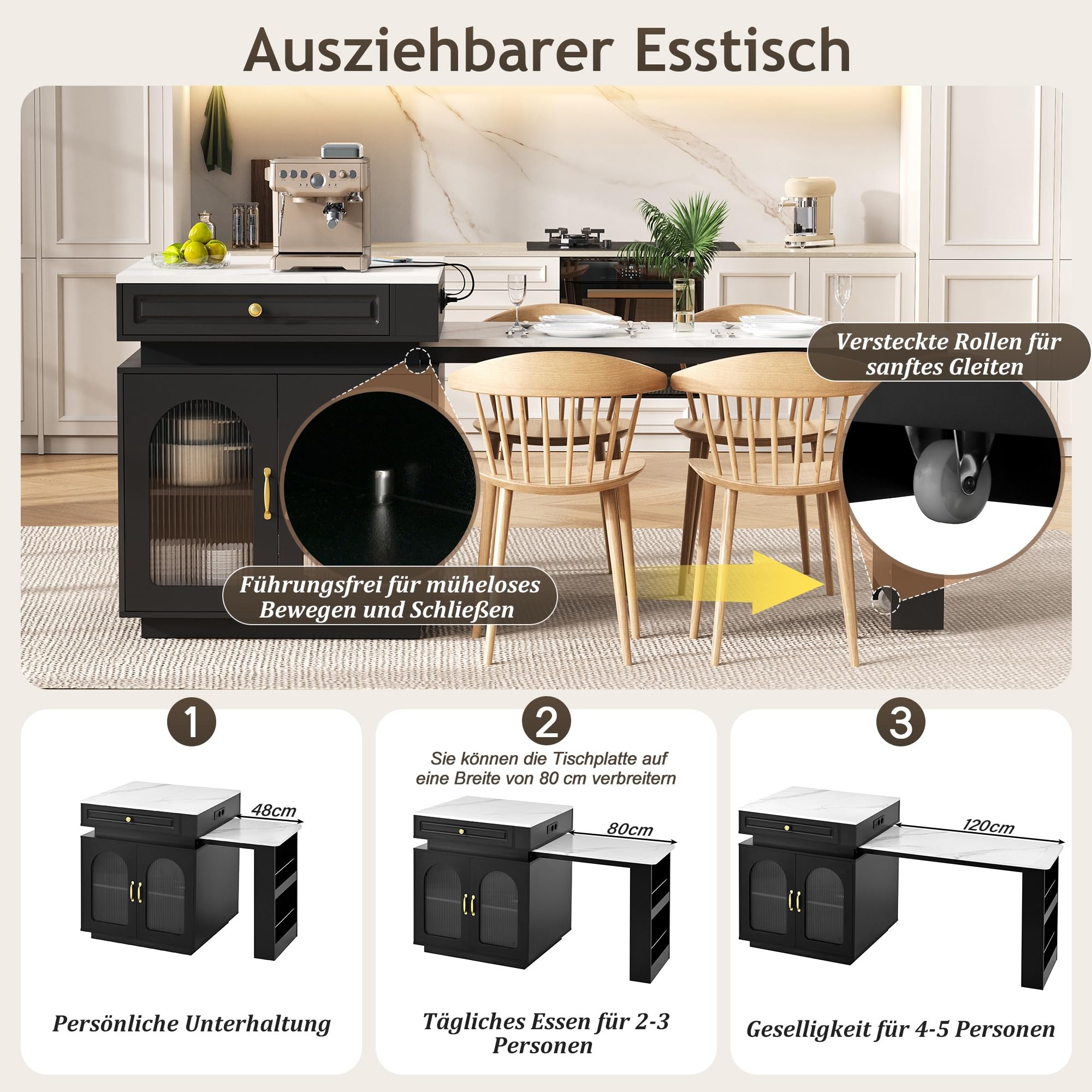 Isla de Cocina con LED, Mesa Extensible con Tablero Extraíble y Regletas de Enchufes, Mesa Alta con Puerta de Cristal y Cajones, Modern Mueble Buffet con Almacenamiento, 128~200×71×92cm (Negro)