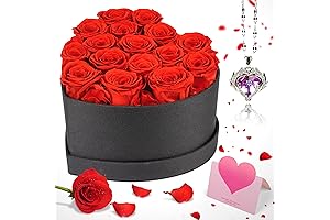 16 Piece Heart Shaped Box with Forever Roses and Necklace