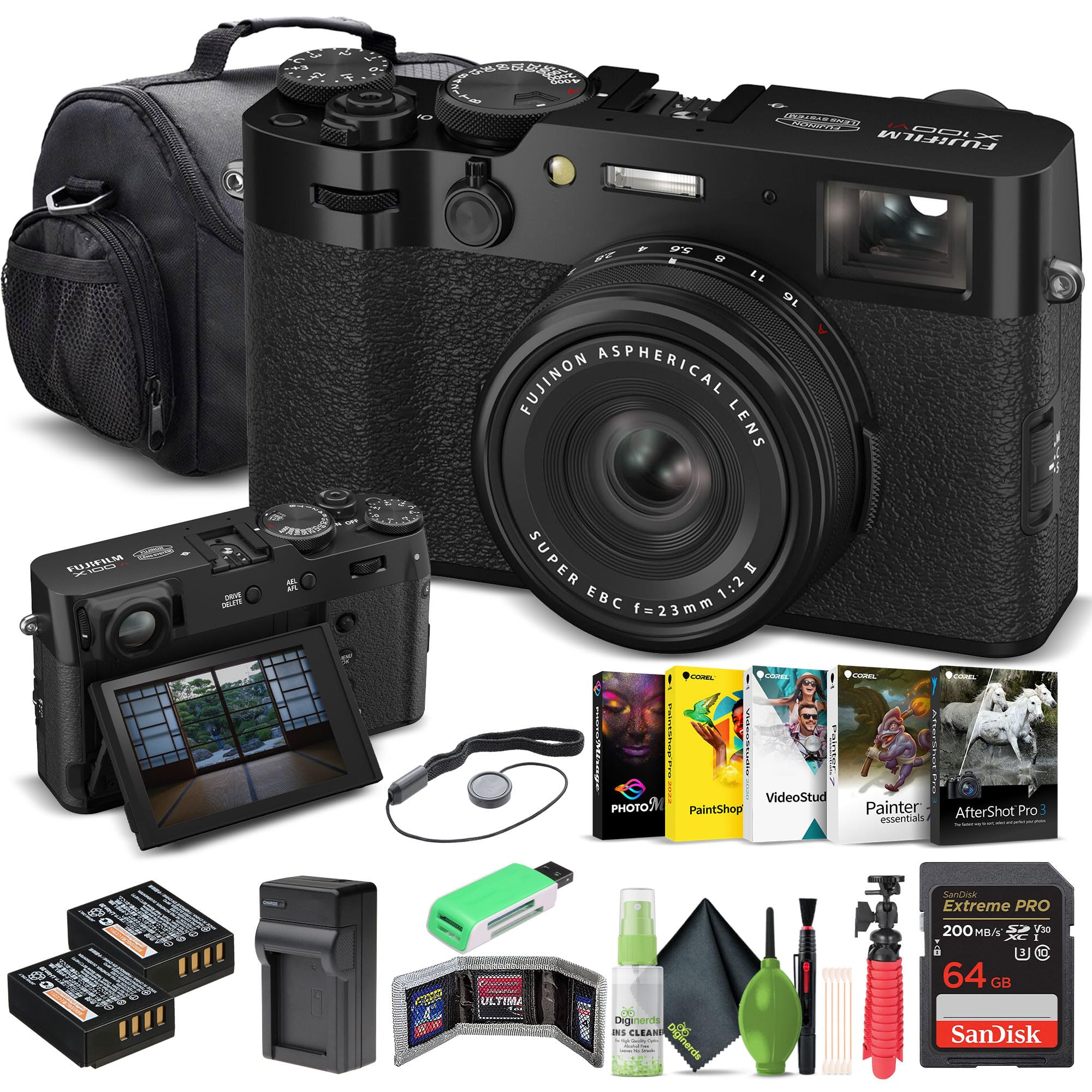 FUJIFILM X100VI Digital Camera (Black) (16821913) + 64GB Card + Card Reader + Battery + Charger + Photo Software + Carrying Case + Flex Tripod + Memory Card Wallet + Cleaning Kit + Cap Keeper Bundle