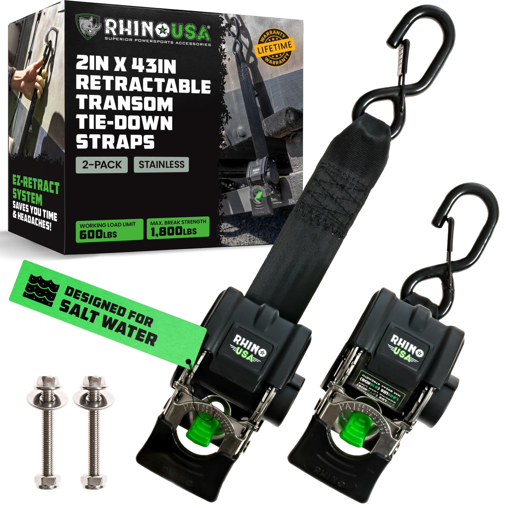 Rhino USA Retractable Boat Trailer Tie Down Straps 2PK – Durable (2in x 43in) Trailer Mount Transom Straps for Boat, Jet Ski – Stainless Steel – Salt Water Compatible