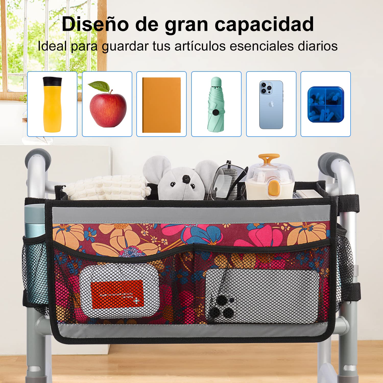 supregear Cesta de Andador, Bolsa Organizadora Walker de Gran Capacidad con 4 Malla Bolsillos y Bolsa de Almacenamiento de Diseño Gancho y Bucle de Raya Reflectante para Accesorios de Walker Carry