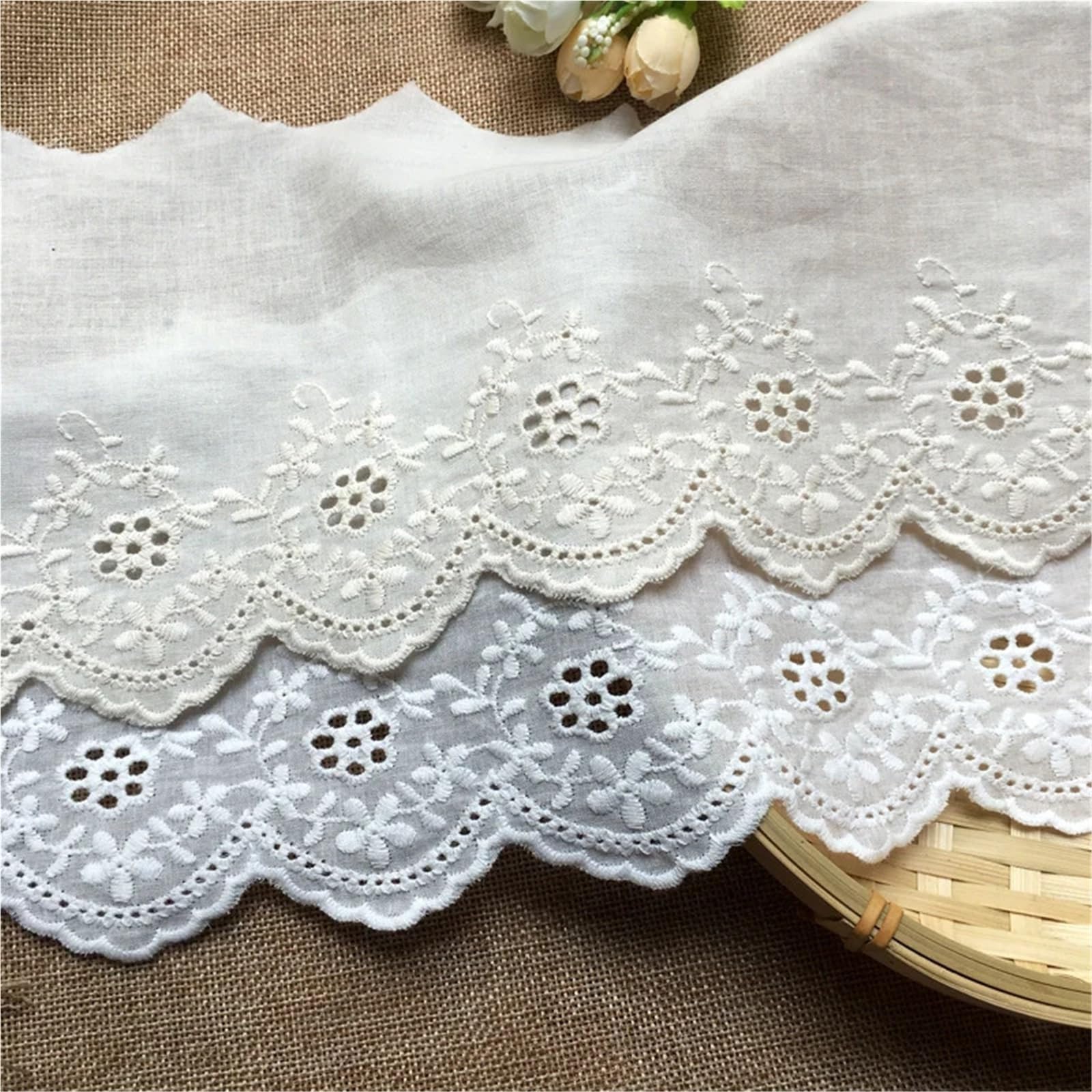 Cinta De Encaje De Algodón Con Ojales Tela de algodón con flores huecas 5 yardas, adorno encaje bordado, ropa 13CM, vestido, puños DIY, tela for escote(Beige apricot,14.5-15 Yards)