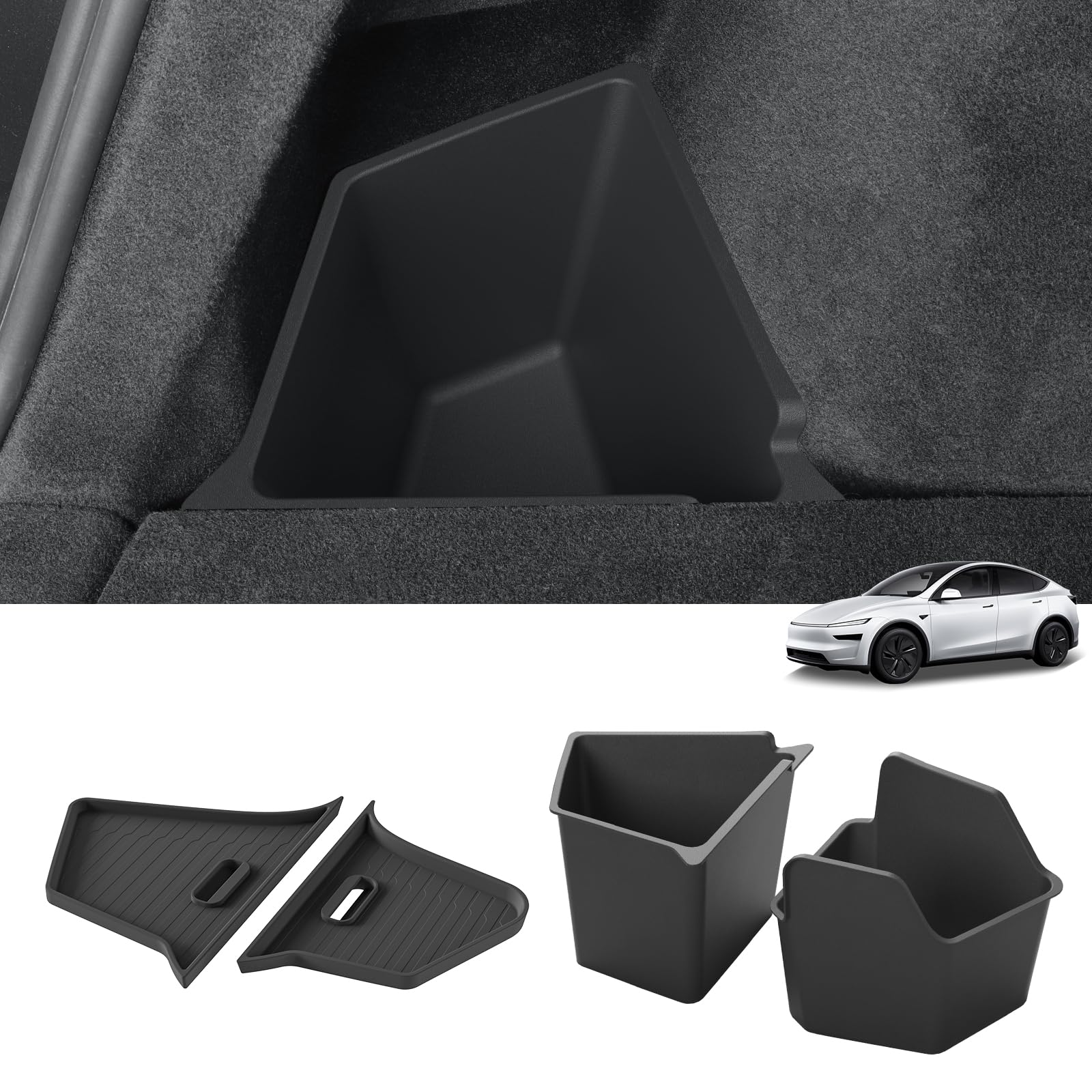 LUCKEASY Rear Trunk Storage Bins Fit for Tesla Model Y Juniper 2025 2026 Trunk Side Storage Box with Lids Rear Cargo Garbage Bins for Model Y Juniper 2025.03-Present Accessories Black TPE