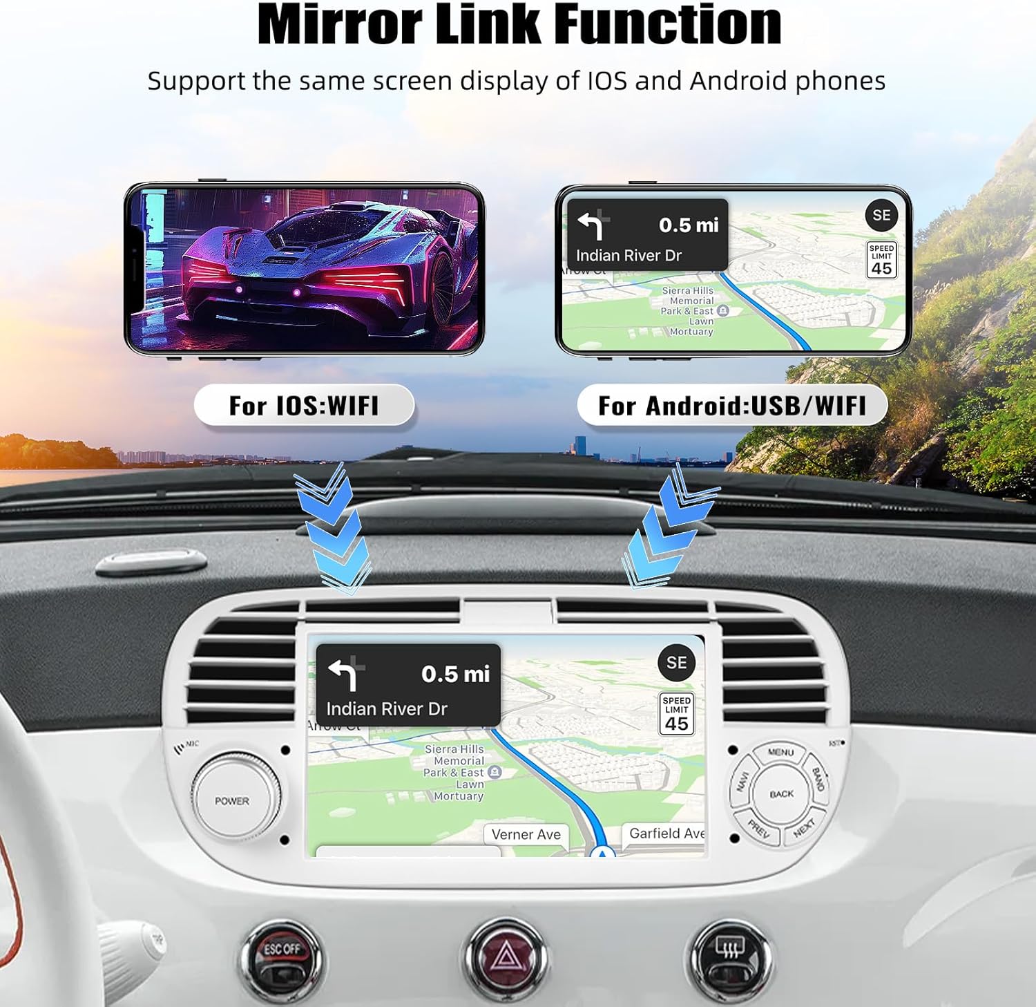 Screenshots demonstrating the Mirror Link function, showing a smartphone screen mirrored onto the car stereo display.