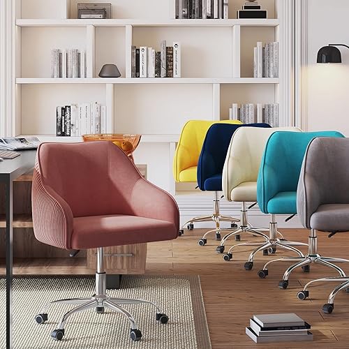 Miniatura 9 de CAELUM Bonita silla de escritorio beige para adolescentes y niñas, silla de escritorio para computadora de oficina en casa con ruedas y brazos,