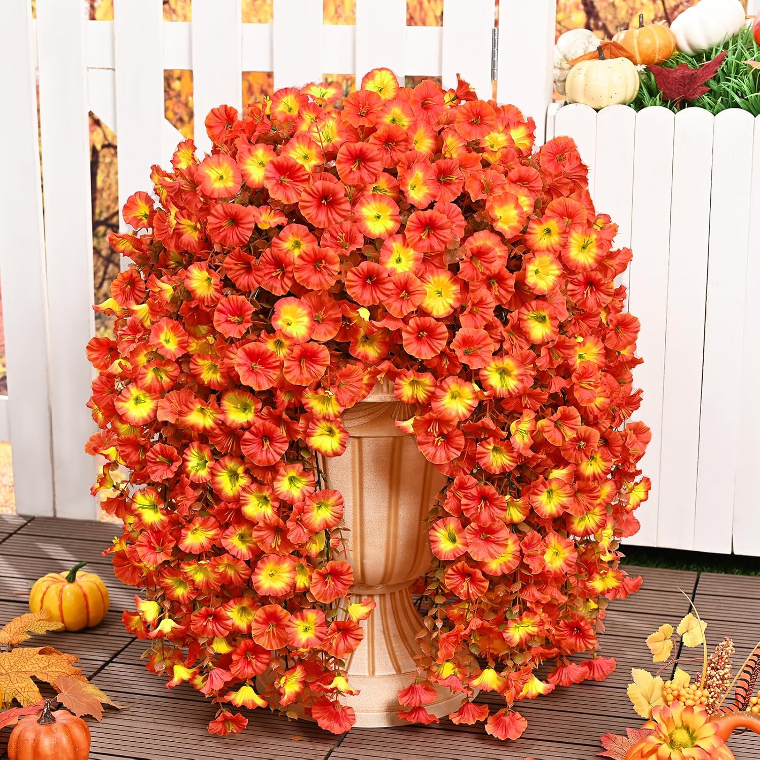 Dolicer 2 Packs Look Real Artificial Fall Flowers Mums for Outdoors, Realistic Faux Mums for Outdoor Planters, UV Resistant Fall Flowers Artificial for Decoration Front Porch (Mixed Orange)