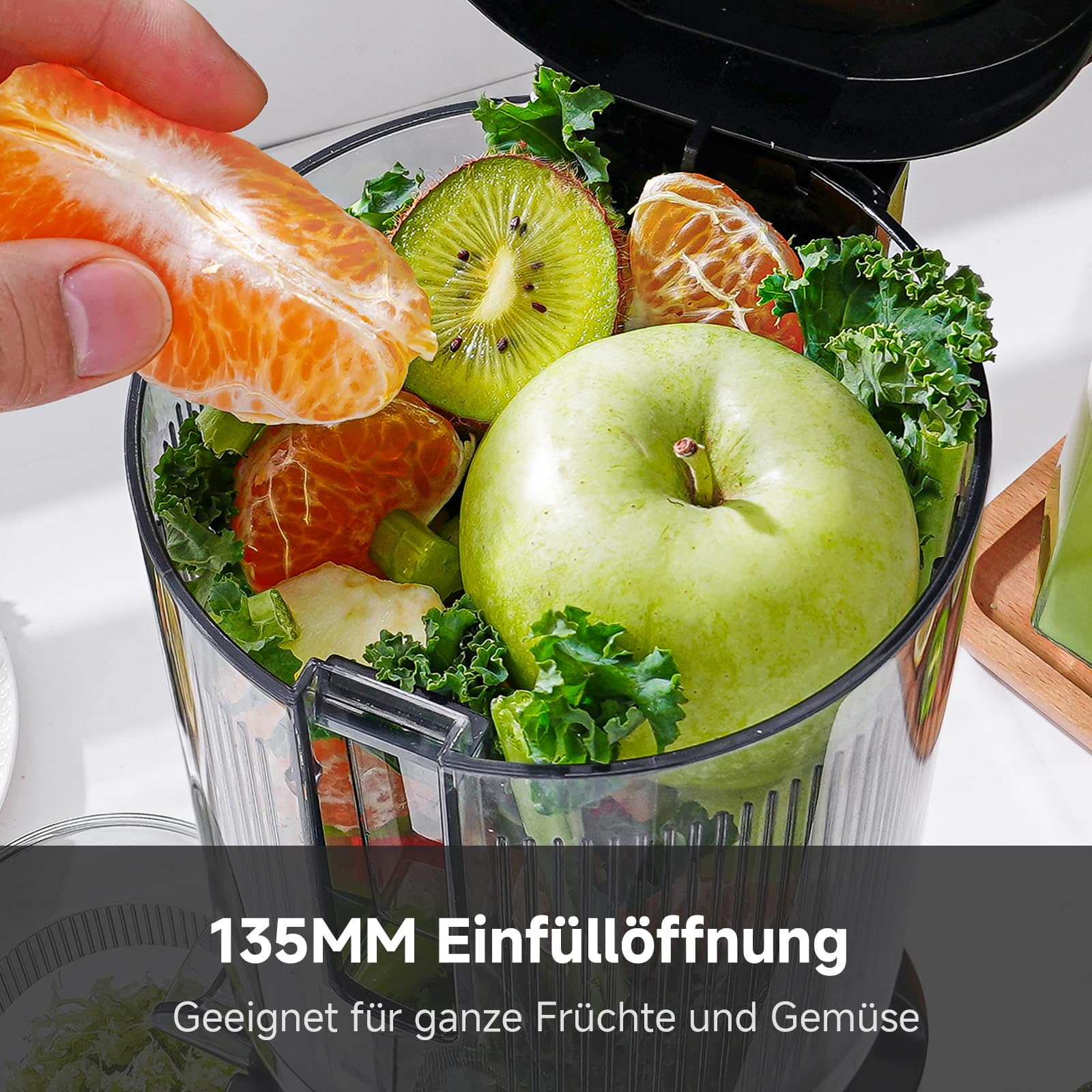 AMZCHEF Entsafter - Slow Juicer mit 135MM Breite und Größere Fütterungsröhre für Ganze Gemüse und Obst - Leicht zu Reinigender Entsafter mit 2 Gläsern - Silber