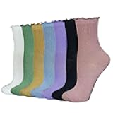 Cityelf 7 Pairs Cute Cotton Ruffle Socks Ankle Solid Color Lace Trim Frilly Crew Stackable Slouchy Socks for Women Gifts