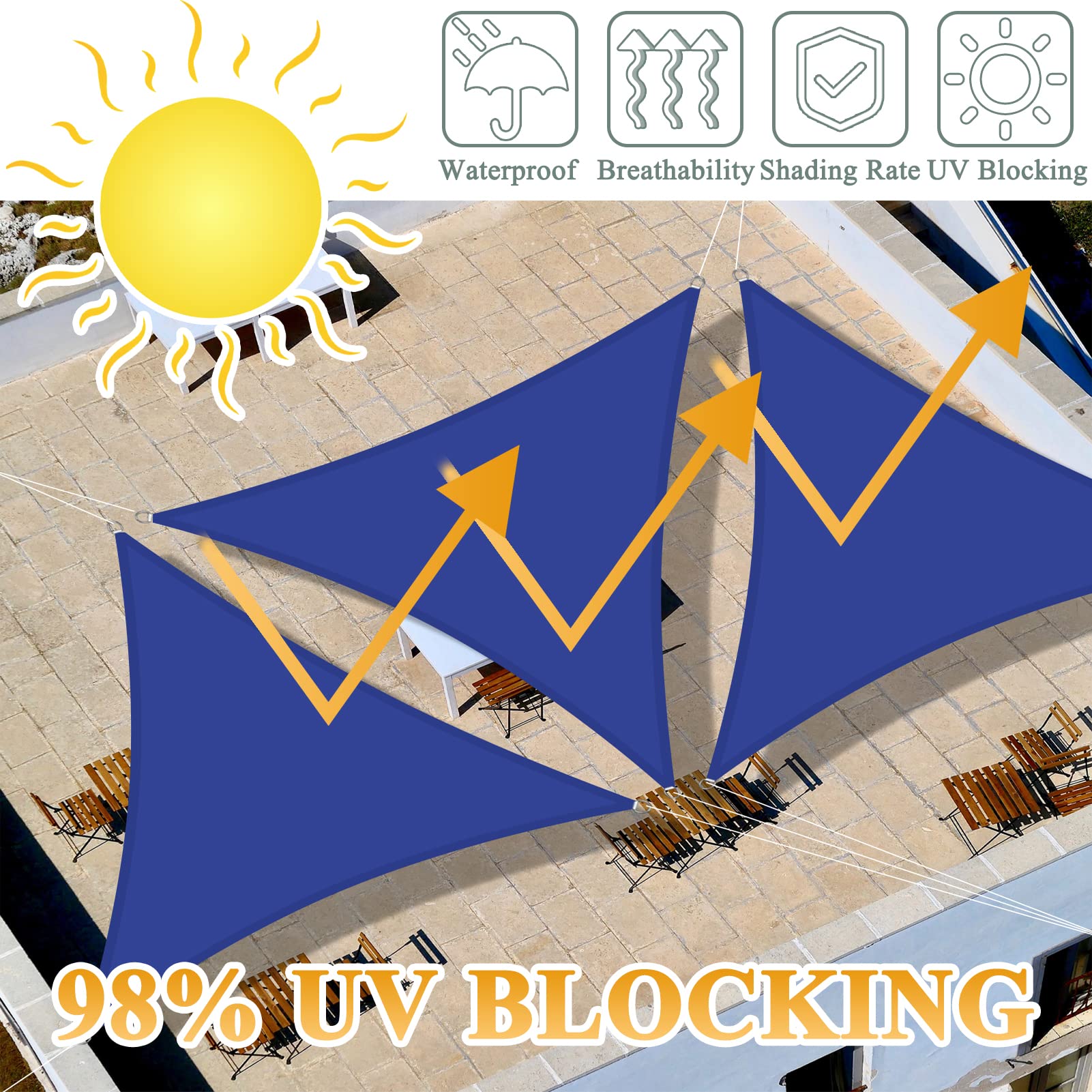 Teynewer Sun Shade Sail Triangle 5x5x5m Waterproof Shade Sail for Outdoor Garden Patio Party 98% UV Block Sunscreen Awning Canopy Sunsail with Free Rope - Image 3
