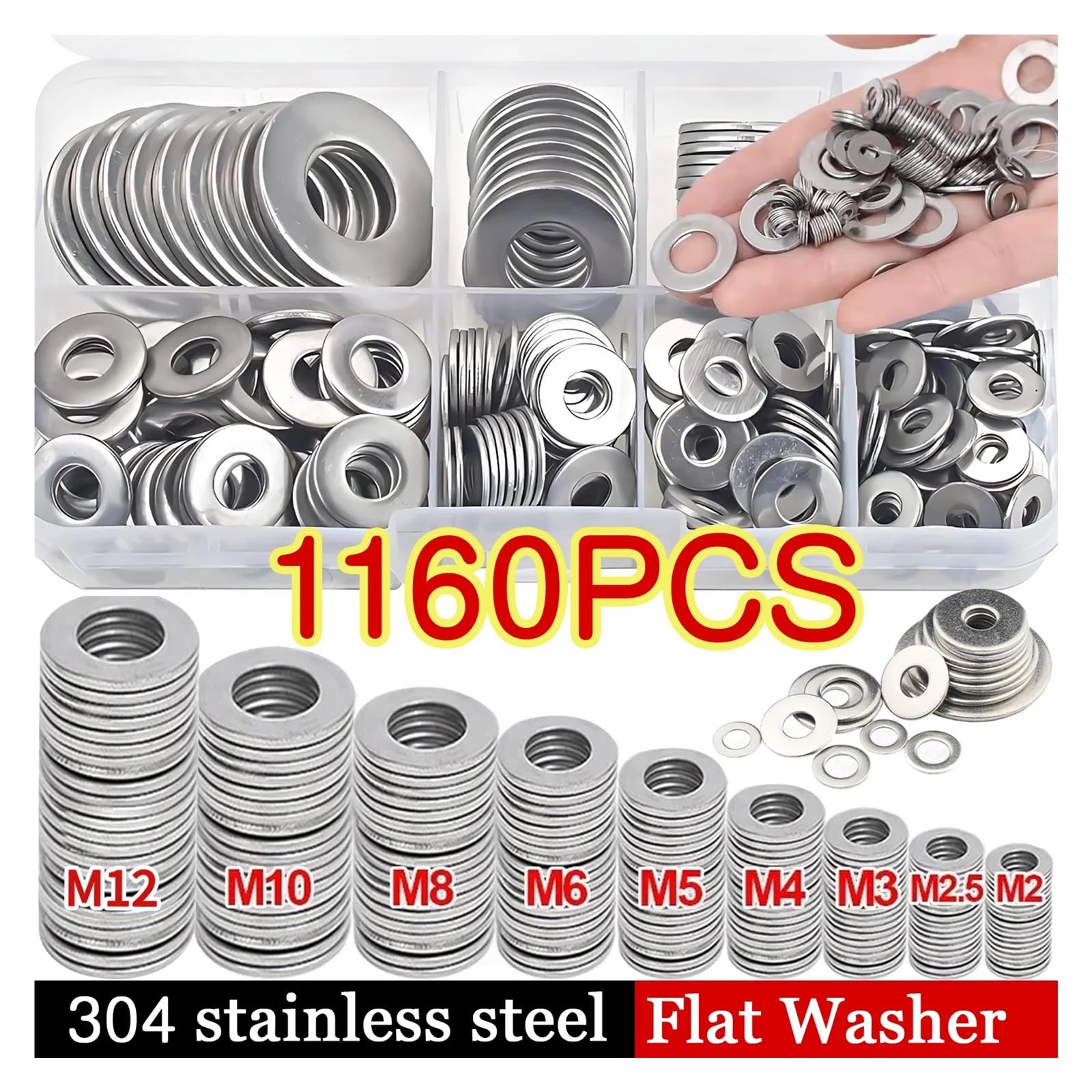 Kit surtido de arandelas planas de acero inoxidable, juego de arandelas planas de metal, juntas de tornillos, tornillos, arandelas, accesorios para el hogar de fábrica (910 piezas)
