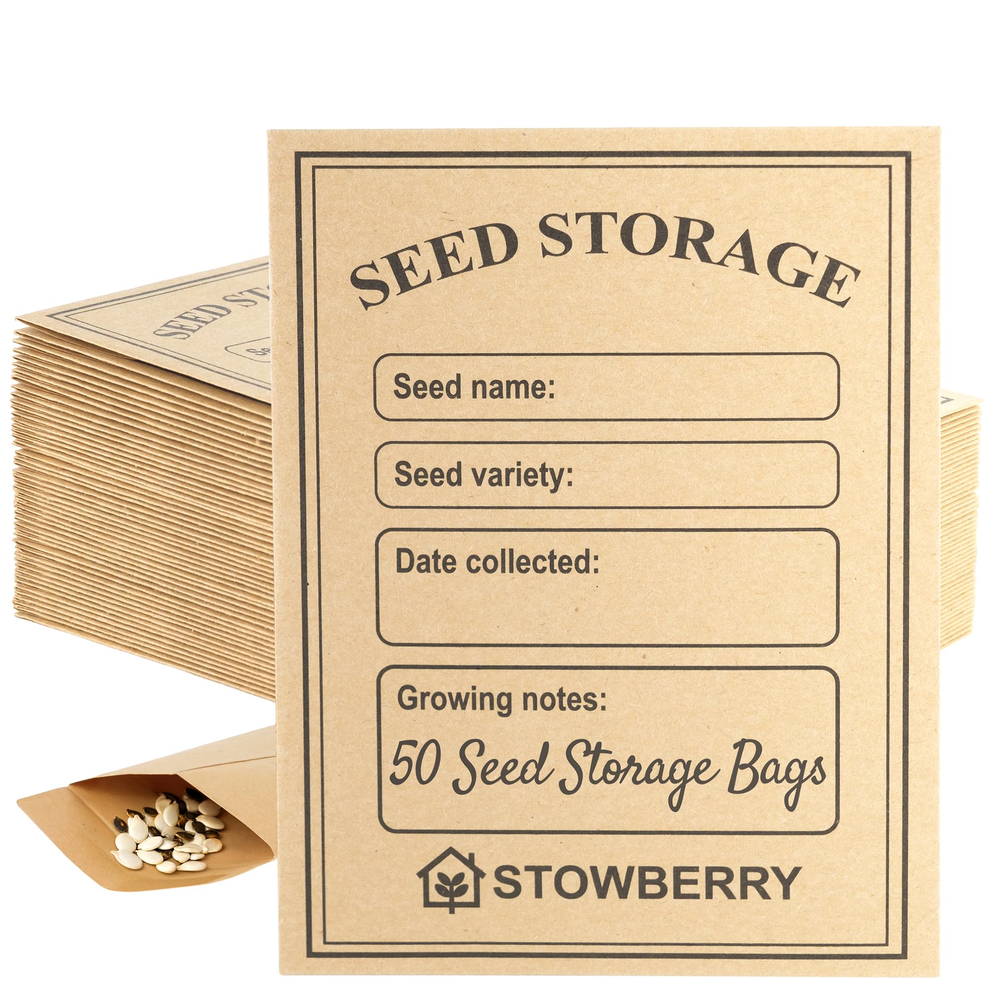 STOWBERRY Seed Envelopes – 50 Small Brown Paper Packets with Name Label