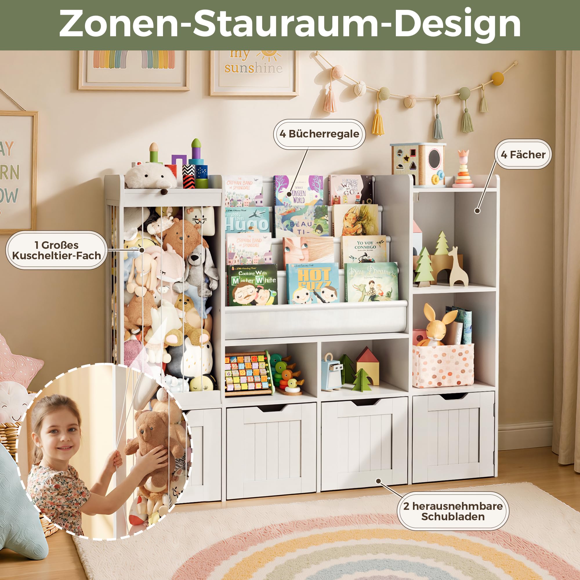 Pamapic Kinderregal, Bücherregal Kinder mit Kuscheltier Aufbewahrung, 2 Herausnehmbare Schubladen, Spielzeug Aufbewahrung mit 4 Offene Regale, Kinderzimmer Möbel für Kinderzimmer, 120x30x100cm, Weiß