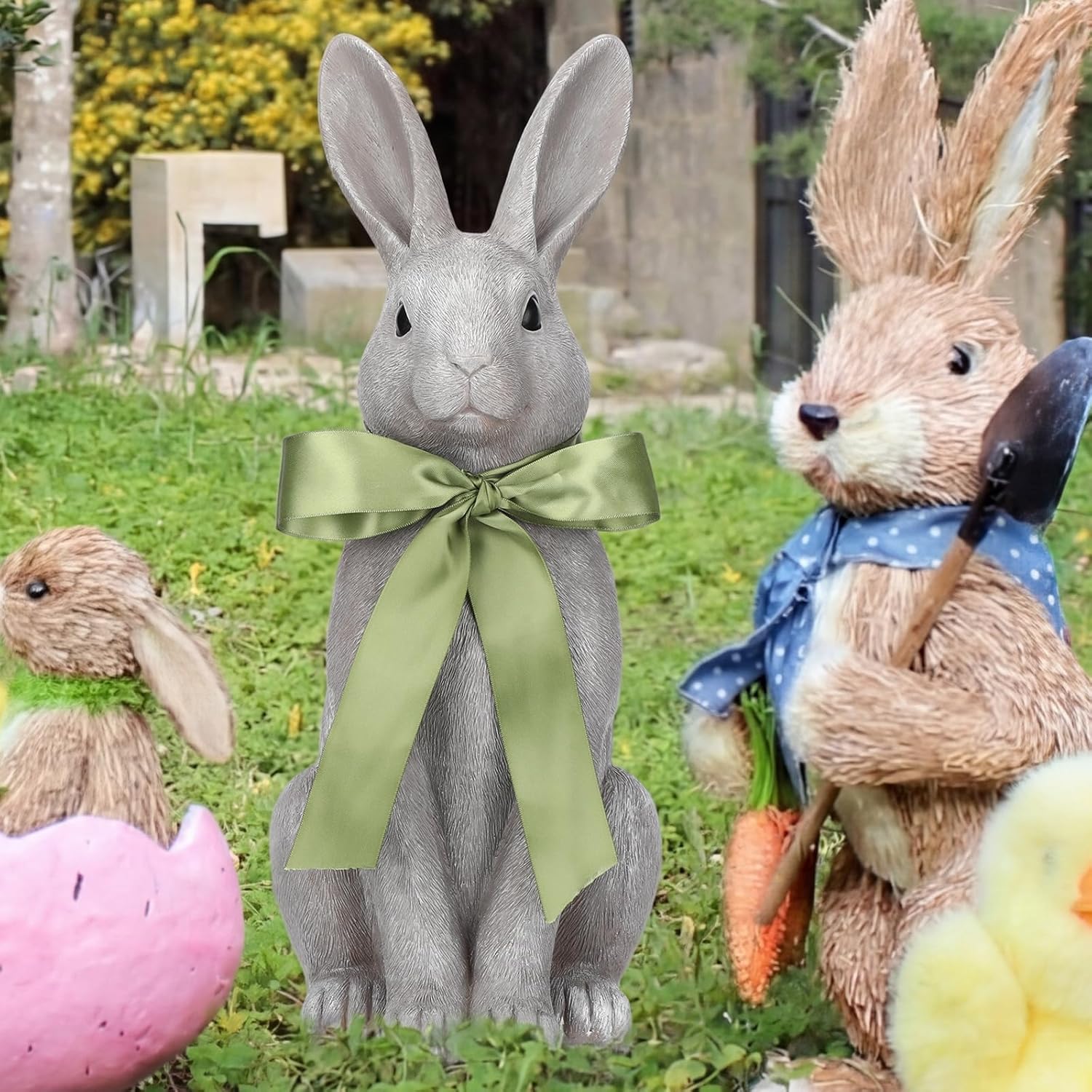 Leinuosen 18 Inches Easter Rabbit Statue Porch Decor Sign Easter Resin Bunny Sculpture Decorative Garden Statues for Outside Patio Yard Front Door Indoor Outdoor Yard Garden Decor Farmhouse Gifts