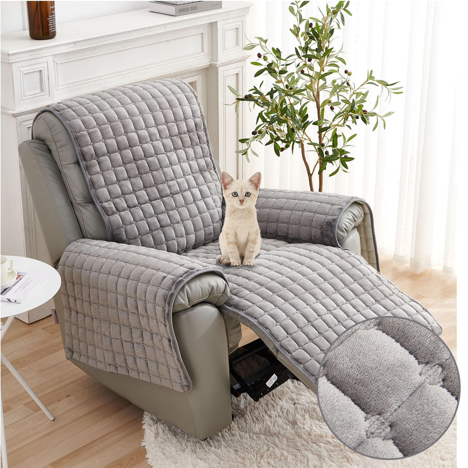 FANSU Copridivano Per Poltrona Relax 2 Posti - Elasticizzato, Peluche Spesso, Antiscivolo Con Cinghie, Grigio