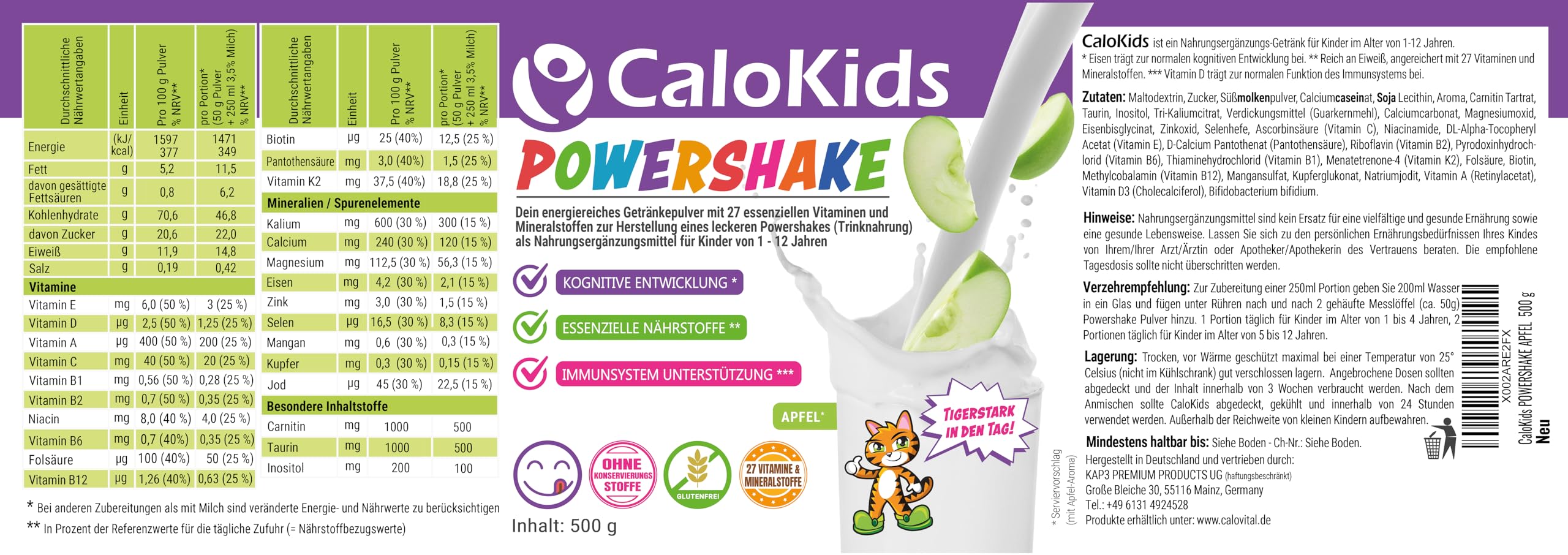 Beber Alimentos Niños Powershake Suplemento Dietético para Niños de 1-12 Años | 27 Vitaminas Minerales y Proteínas para apoyar el Desarrollo del Crecimiento y el Sistema Inmunológico | CaloKids (500 g