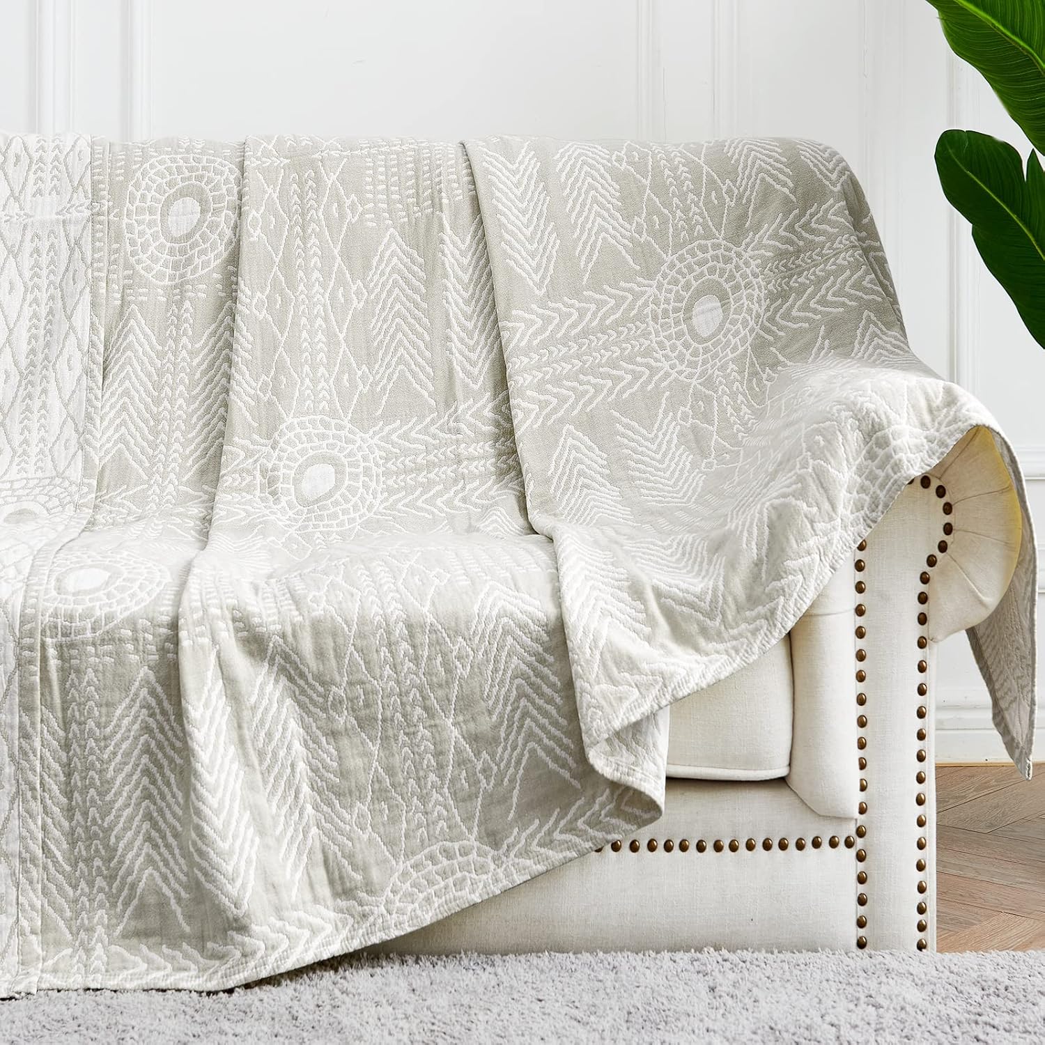 JINCHAN Boho 100% Cotton Muslin Blanket 3-Layer Queen Size 80x90 Inches Geometric Light Grey Lightweight Reversible Soft Comfy Throw for Couch Sofa Bed Coverlet Quilt Large Blanket Bedroom All Seasons 80"x90" A. Boho Light Grey