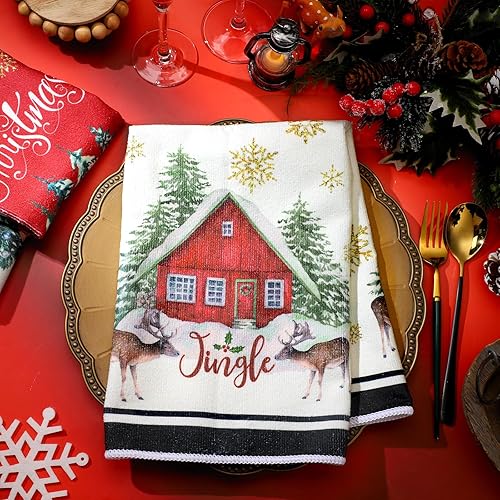 Miniatura 5 de Oudain Juego de 6 toallas de cocina y paños de cocina de Navidad, Papá Noel, muñeco de nieve, camión, árbol de Navidad, paños de cocina de invierno,