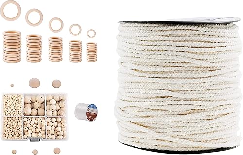 Mandala Crafts Kit de macramé para colgar en la pared con cordón de macramé, anillos de madera natural y cuentas de madera cruda (3 artículos)