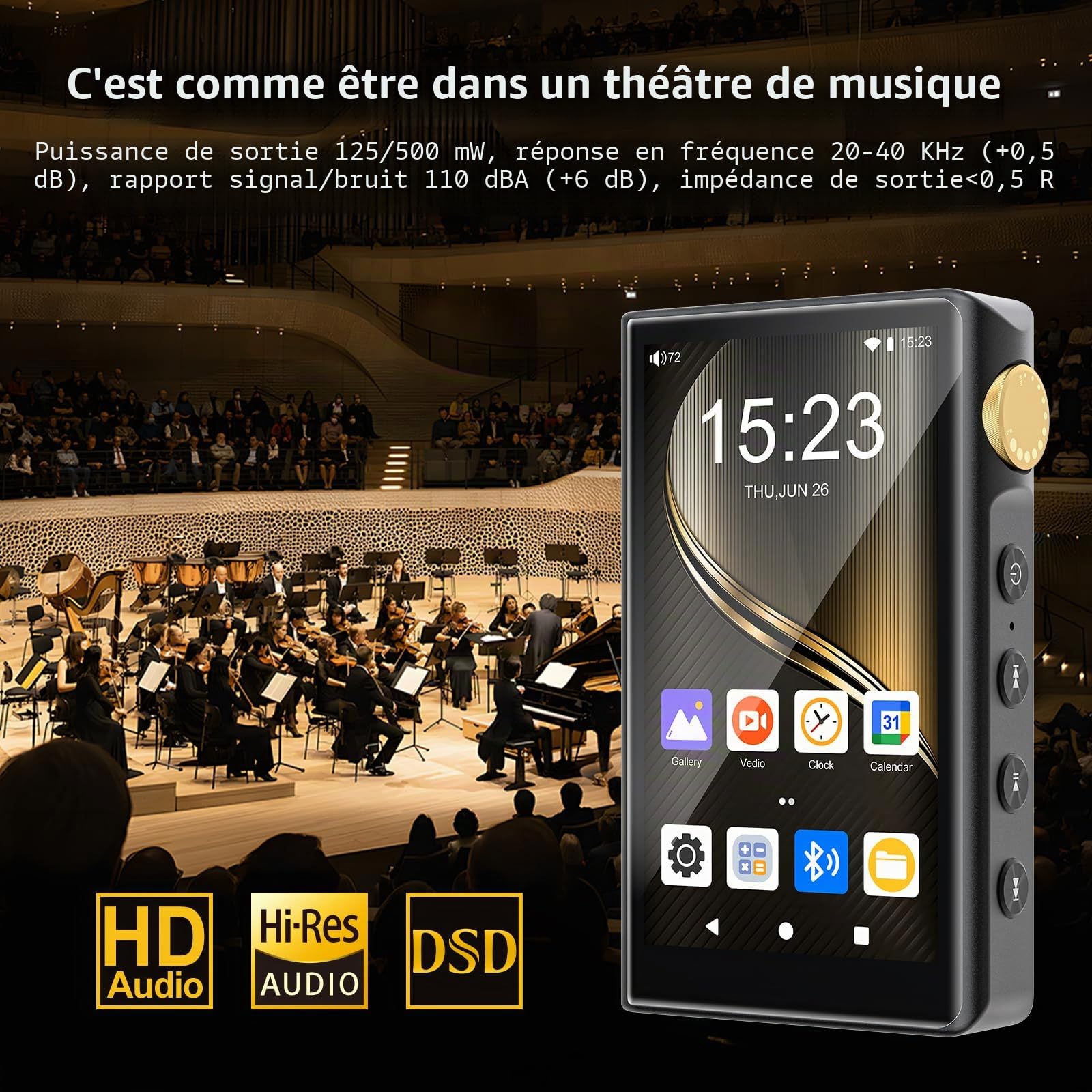 Lecteur MP3 HiFi avec Bluetooth et WiFi, Lecteur de Musique Haute résolution ZAQE Android 12, DAC DSD sans Perte Flac, Équipé d'une Carte mémoire de 64 Go, Prend en Charge jusqu'à 512 Go