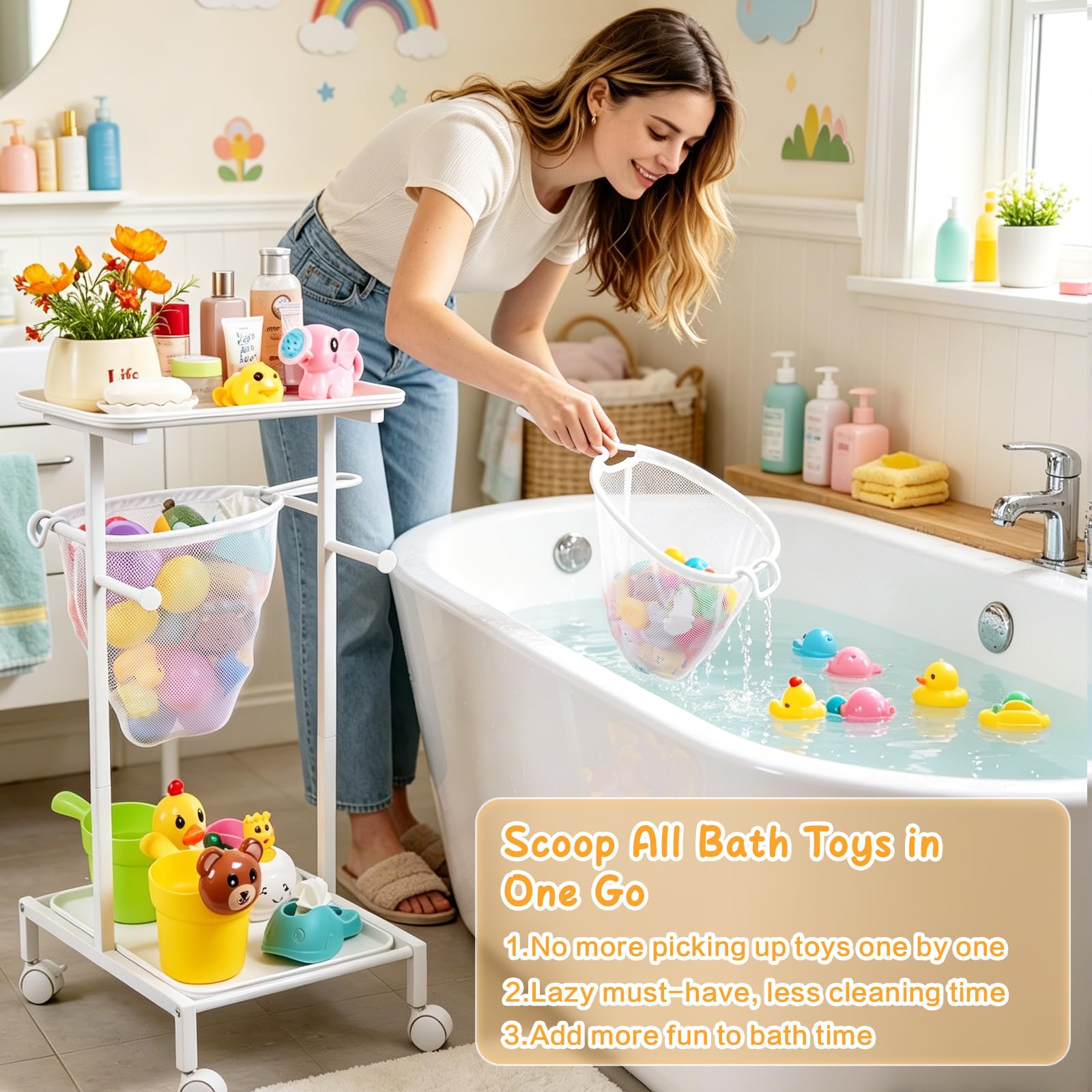Organizador Juguetes de Baño - Carrito para Juguetes de Bañera con Ruedas | Carrito de almacenamiento para juguetes de baño de bebé, con 2 redes de secado rápido y estantes de ducha portátiles.