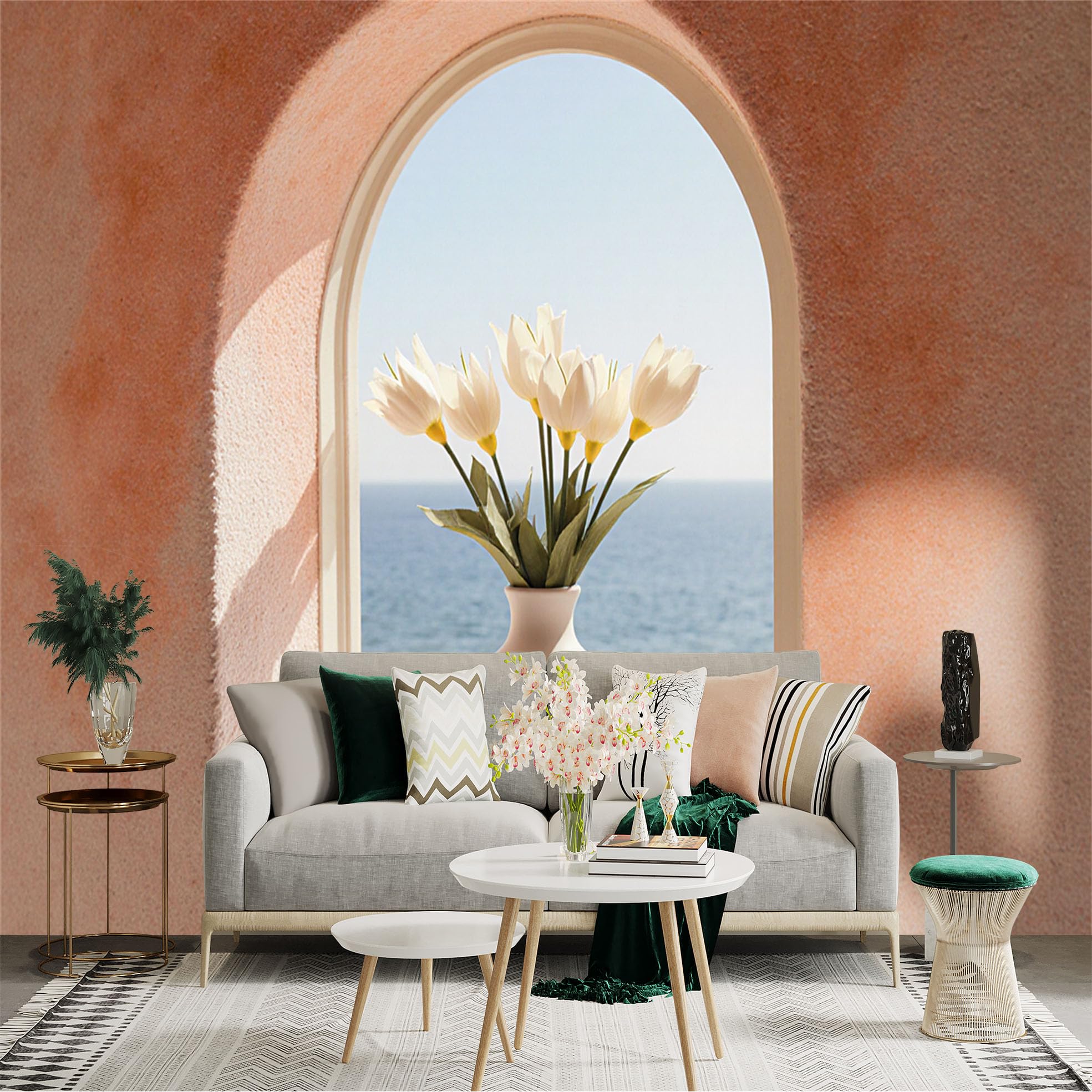 Custom Size Wall Sticker Mural， White Tulips in Vase， Mediterranean Sea View， Arch Window Scenic， Sunny Coastal Atmosphere， for wall Decoration， peelandstick wall Decals.