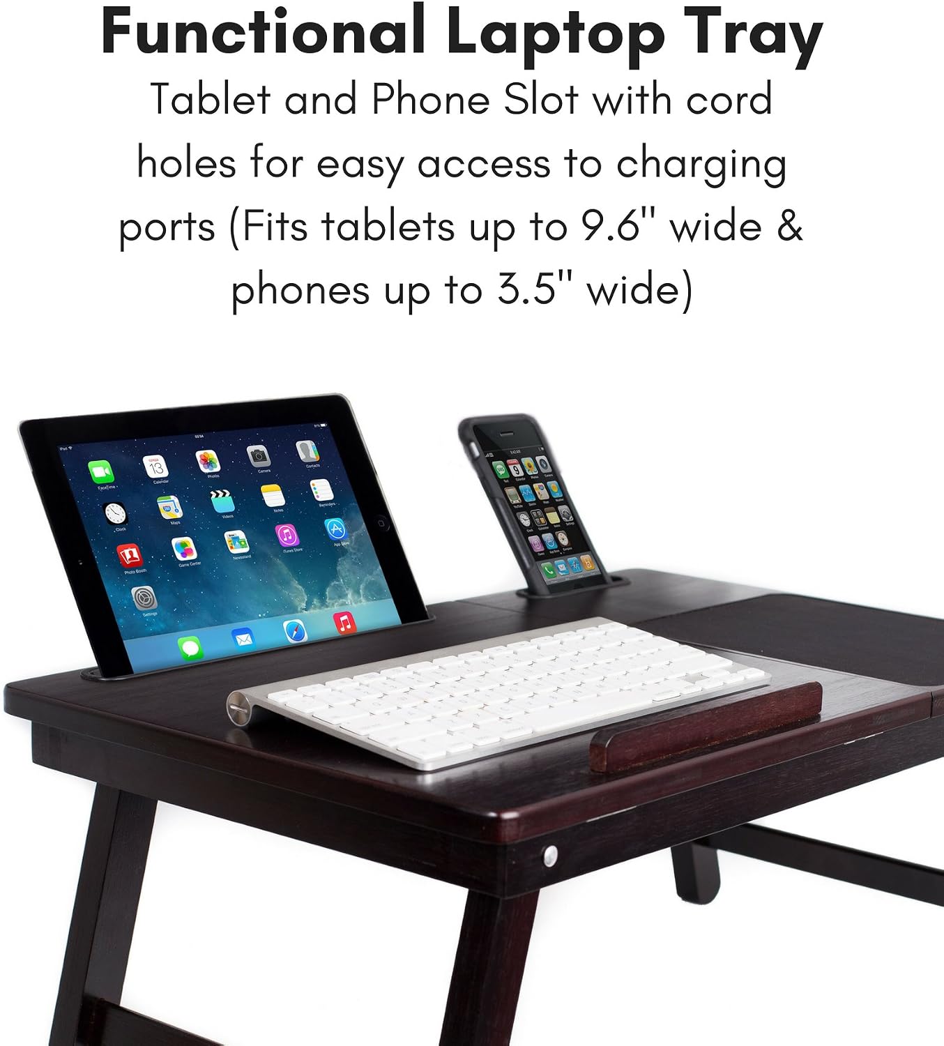 Sofia + Sam Laptop Bed Tray with Storage Drawer and Media Slots | Folding Legs and Mouse Pad | Fits Laptops Up to 15" | Tablets Up to 9.6" | Smart Phones Up to 4" | Espresso | Work from Home Desk