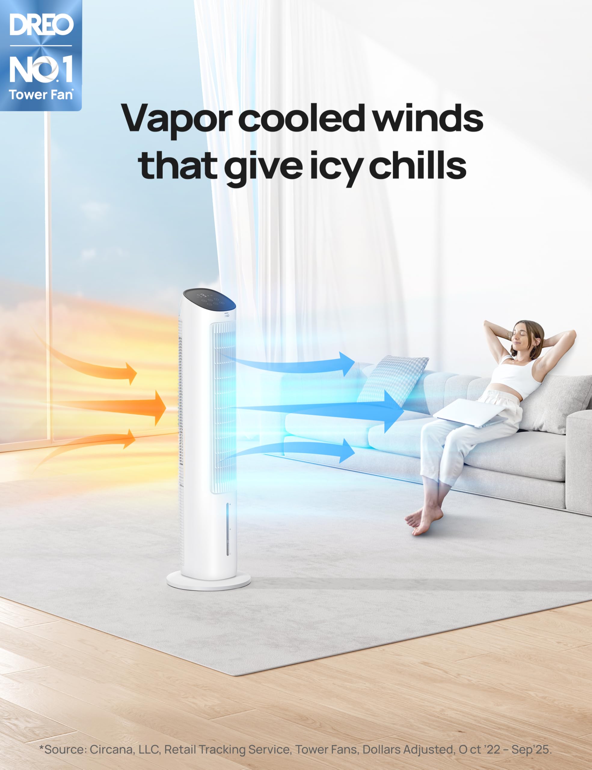DREO Ventilador de Torre con Refrigeración, ventilador silencioso con enfriamiento por agua, enfriador evaporativo de 40 pulgadas, oscilación 80°, 3 modos, 4 velocidades, mando a distancia