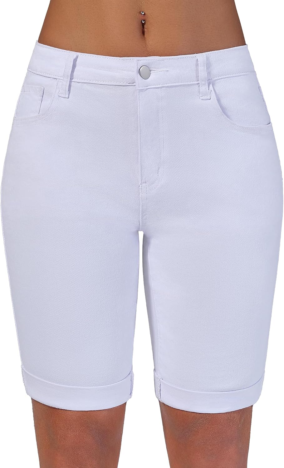 Women's Mid Rise Bermuda Shorts Stretchy Long Rolled Hem Denim Jean Shorts