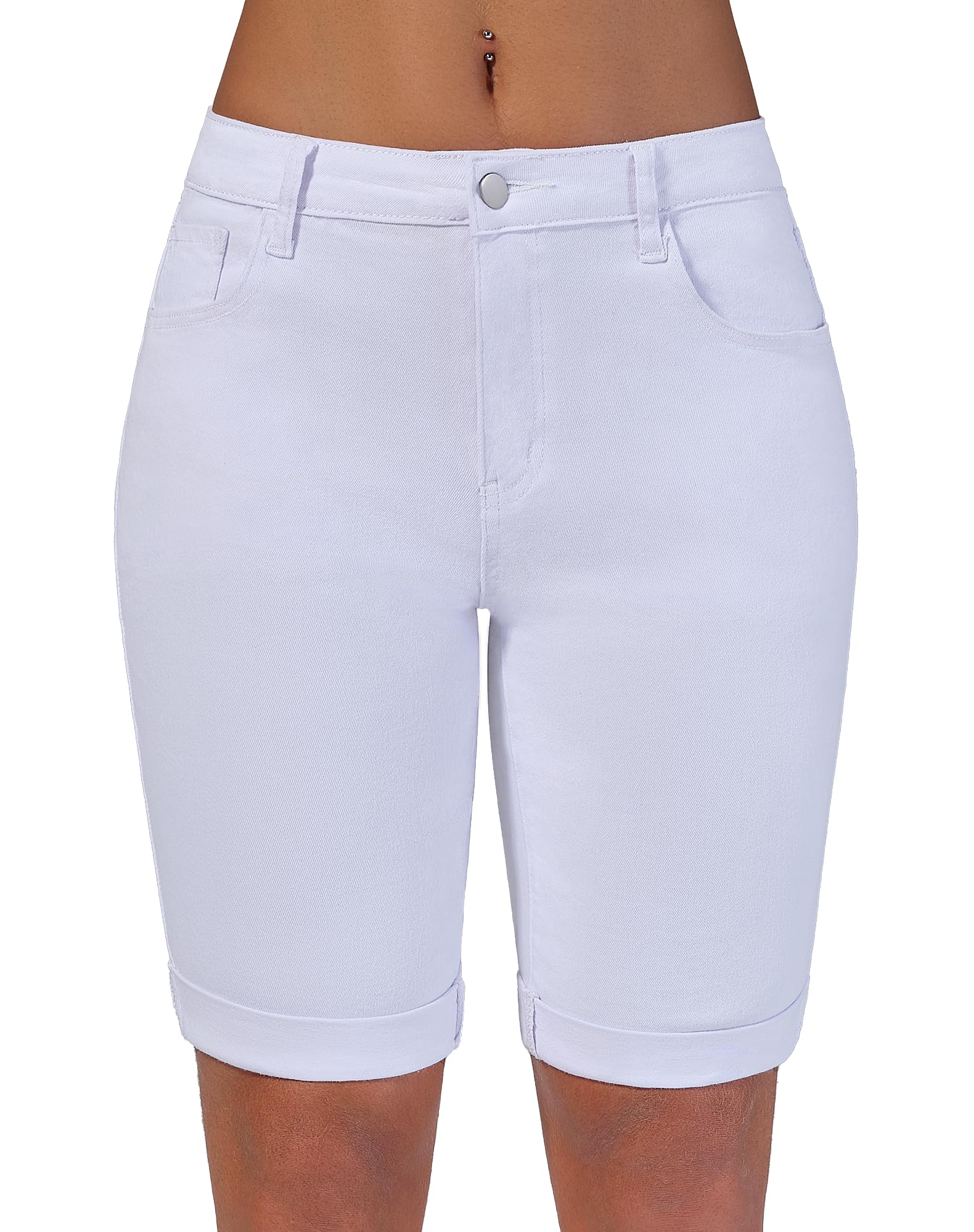 Queenwin Women's Mid Rise Bermuda Shorts Stretchy Long Rolled Hem Denim Jean Shorts