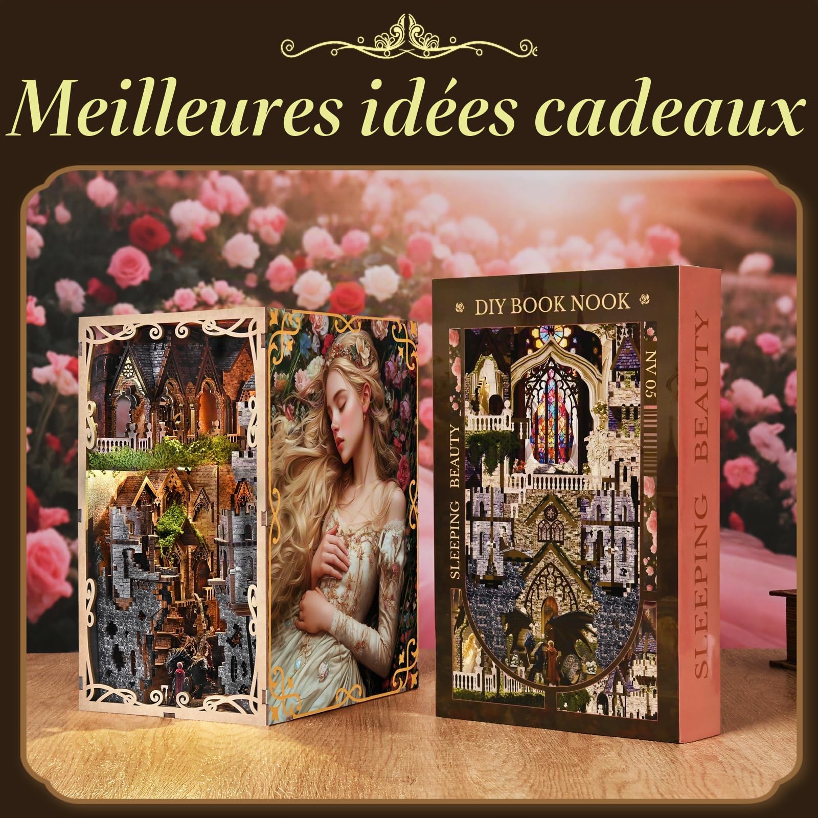 MiniCity Book Nook Kit DIY Miniature Serre-Livres Puzzle 3D en Bois avec Housse de Protection Contre la poussière (Sleeping Beauty)