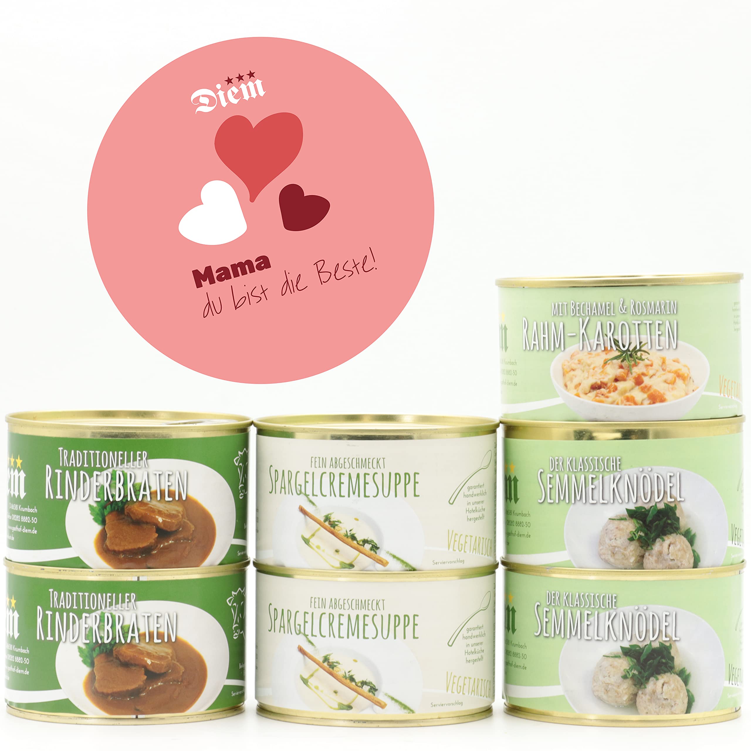 Diem - Festessen - Geschenkset - In der Konserve - 2x Rinderbraten 400g, 2x Semmelknödel 400g (270g Abtropfgewicht),1x Rahmkarotten 400g, 2x Spargelcremesuppe 400g