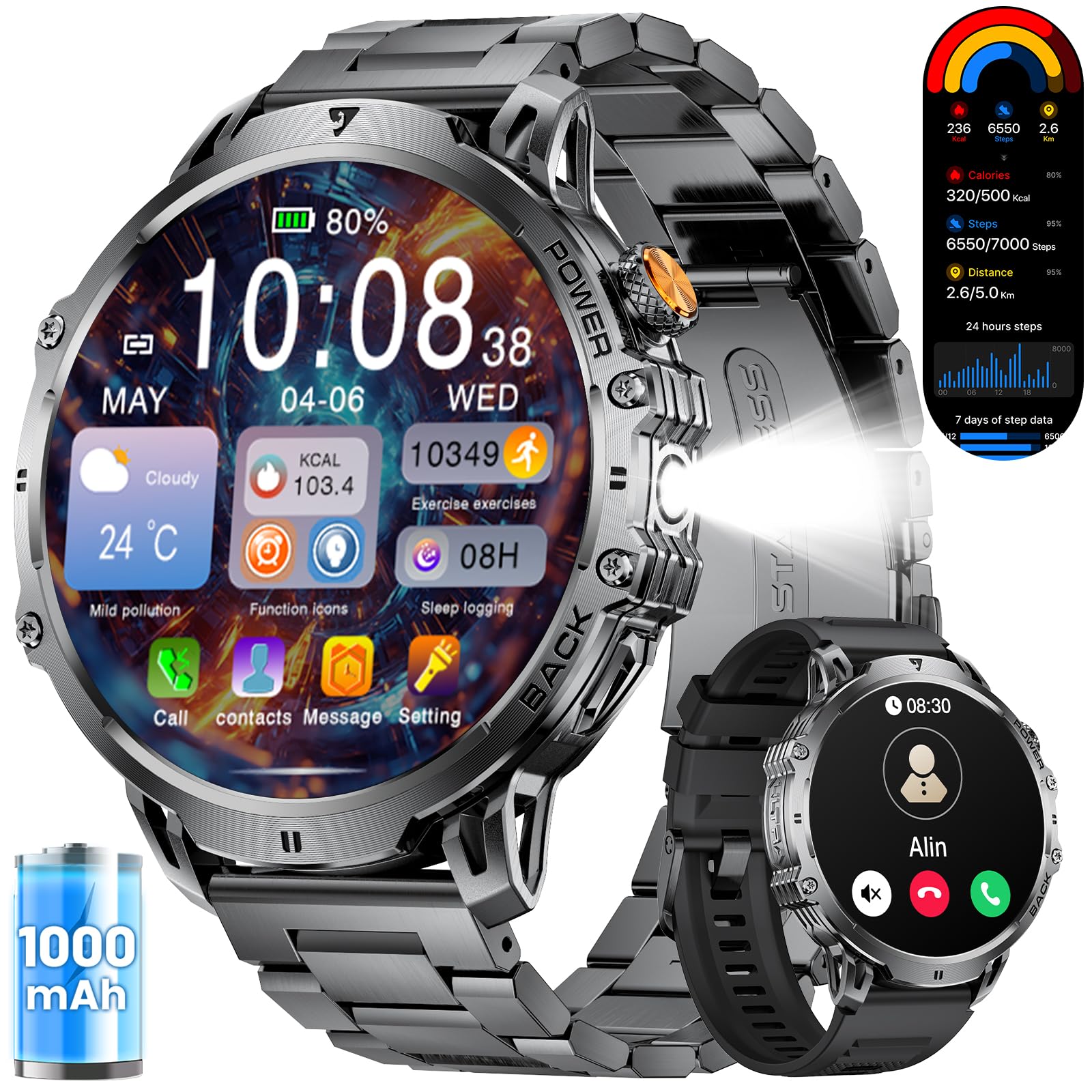 FITFLEX Smartwatch Herren mit Bluetooth-Anruf, 1,85"Großes Touchscreen Smart Watch mit 1000 mAh/LED-Licht/120 Sportmodi Sportuhr/Herzfrequenz/Schlafmonitor/IP68 wasserdicht, Fitnessuhr für Android iOS