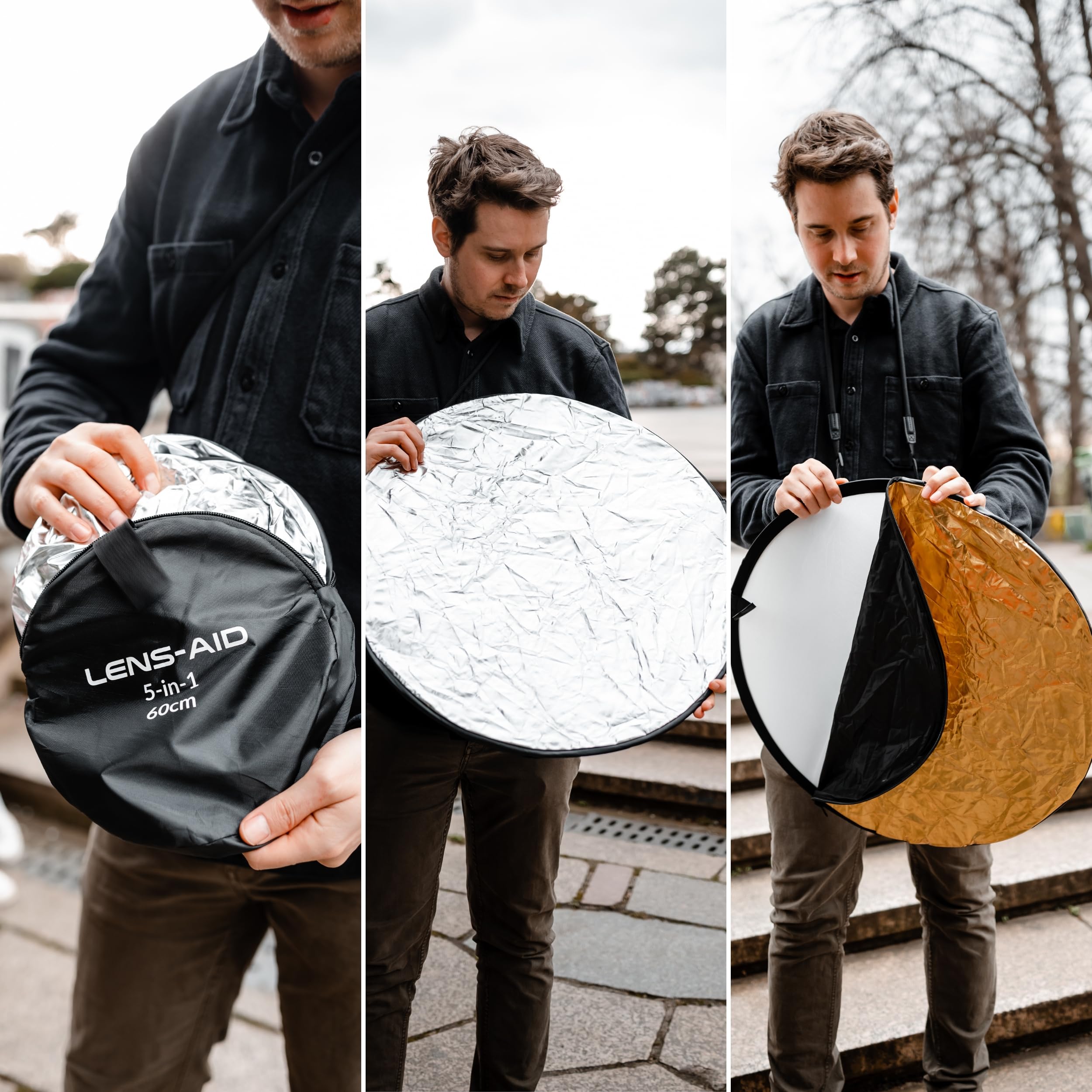 Lens-Aid Riflettore Fotografico 5-in-1 Ø60cm – Bianco, Nero, Argento, Oro & Diffusore – Pieghevole con Custodia per Studio & Outdoor, Ideale per Ritratto, Food e Prodotto