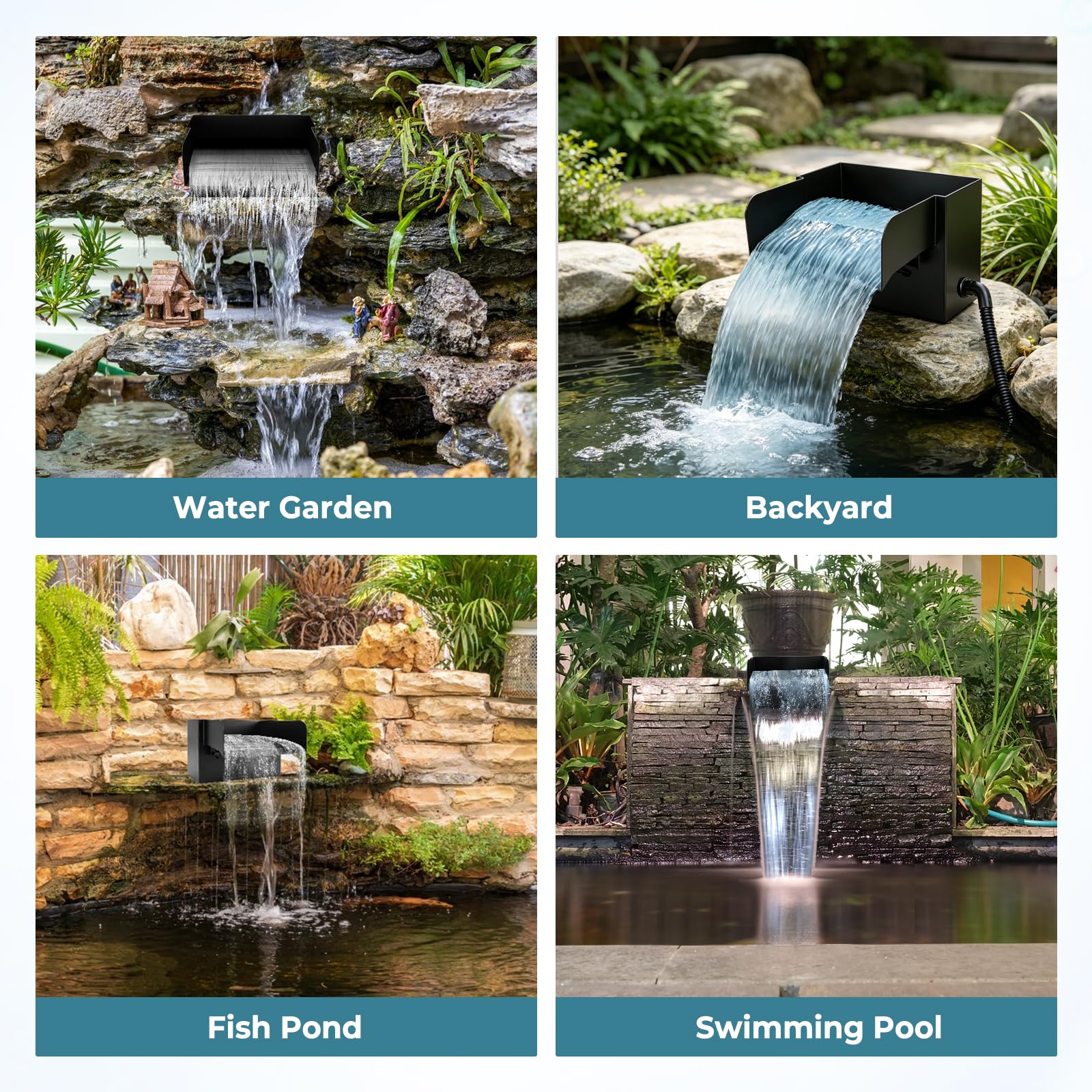 Teichwasserfall Überlauf für Gartenteiche, 20 cm Edelstahl Überlauf Teichbrunnen-Set mit 45W 3000L/H Pumpe für Teich, Pool, Garten, Terrassendekoration