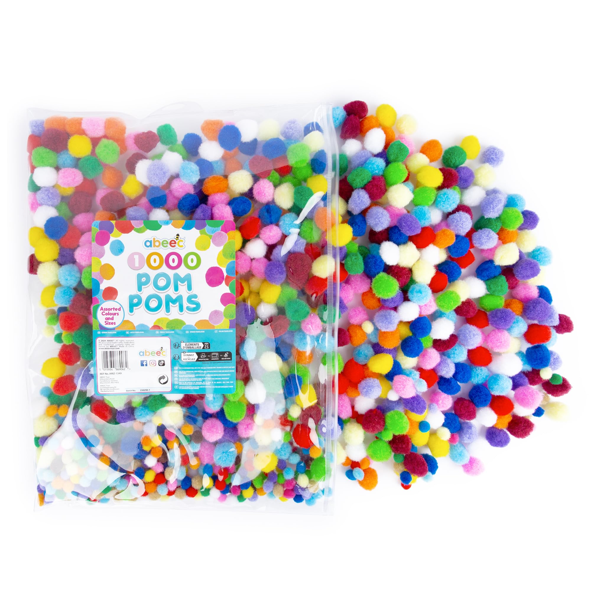 Abeec Mixed 1000 Pom Poms Arts And Crafts School Supplies, Vibrant Colours & Sizes Ideal Craft For Children Diy Educational Activities, Comes In A Reusable Zip Bag