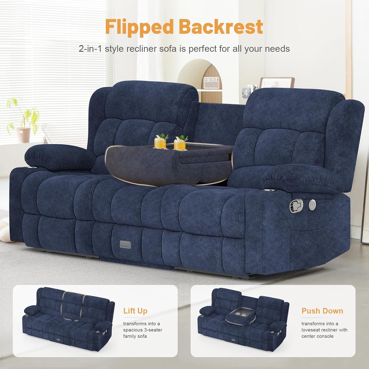 Blue 3+1 Recliner Sofa Set Flip Backrest Manual Living Room/RV