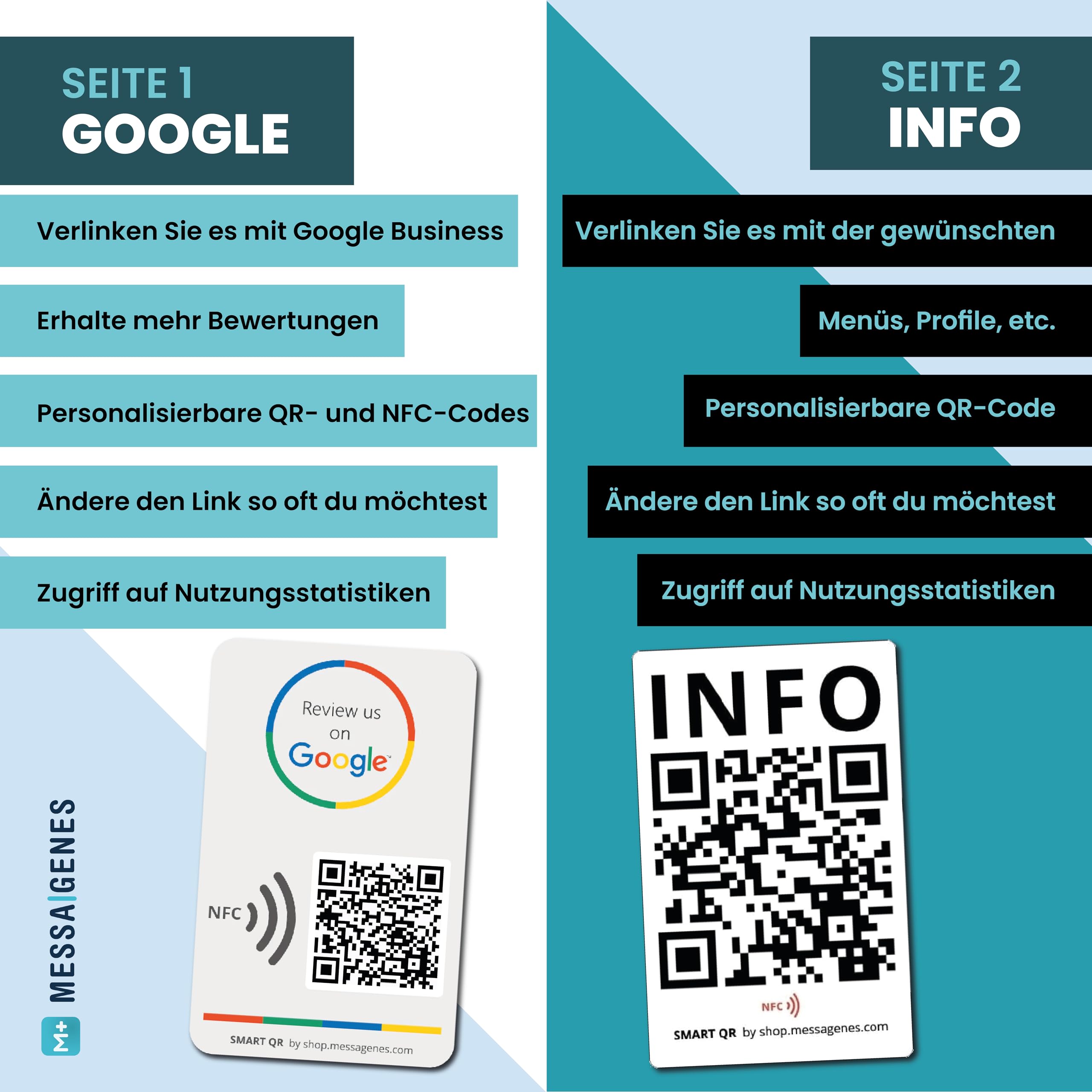 MESSAGENES | PVC-Karte Bewertung auf Google QR Code und NFC + INFO QR | Google Bewertung Aufsteller | PACK 2 Einheiten 12 x 8 cm | Schilder Bewertung NFC und QR Code | INFO + Google Review Card NFC
