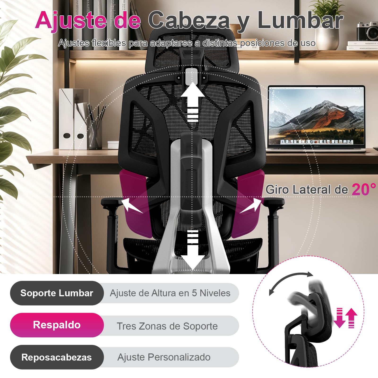 Silla Ergonómica de Oficina con Soporte Lumbar de 3 Zonas y Reposapiés, Reposabrazos Ajustables y Reposacabezas, Silla de Malla Reclinable para Oficina en Casa, Estudio y Gaming, Negro