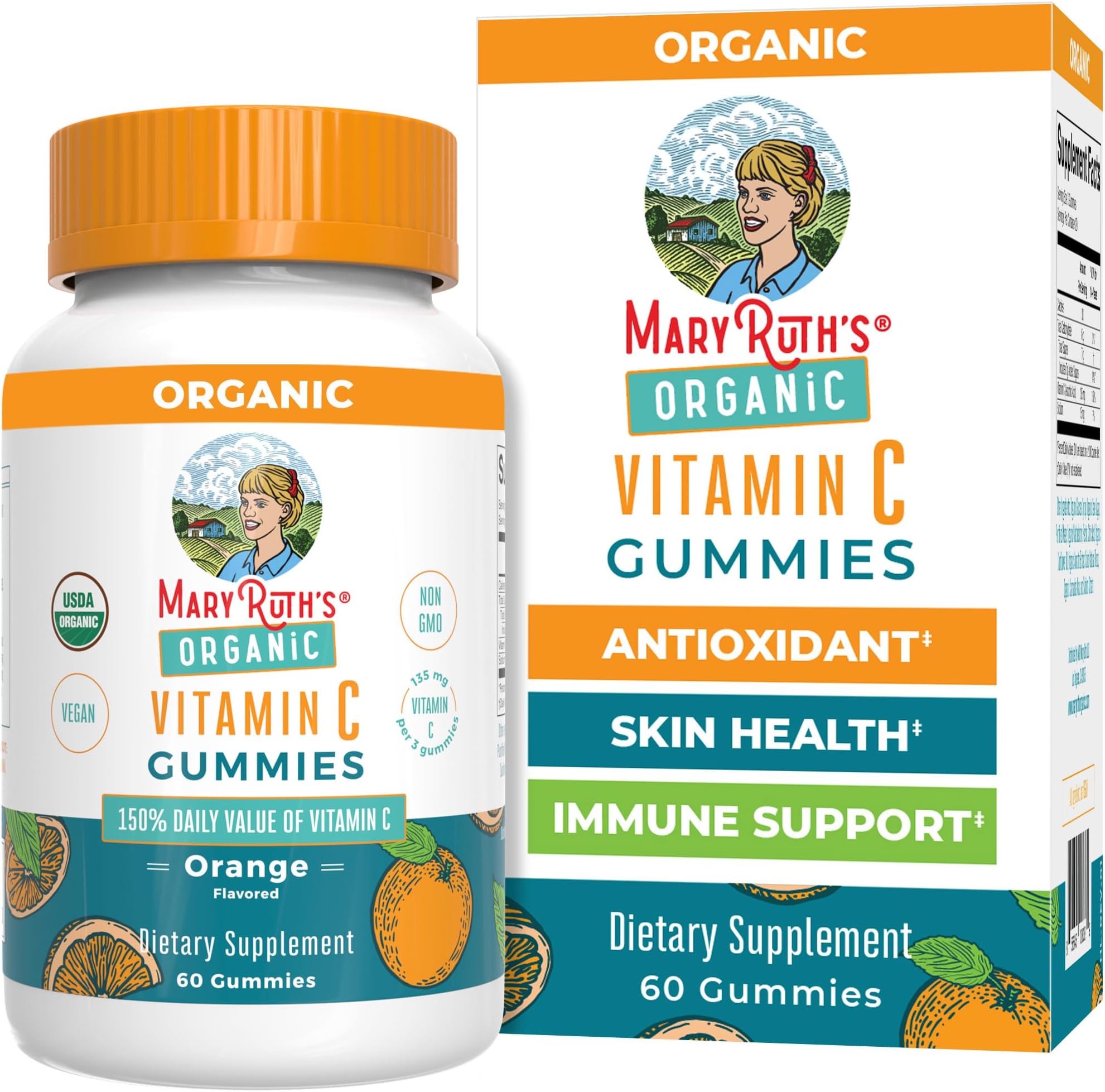 MARYRUTH'S Adult Vitamin C Gummies | USDA Organic | Vegan Chewable Vitamin C Gummies for Ages 14+ | for Immune Support & Overall Wellness | Vegan | Non-GMO | Orange Flavor | 60 Count