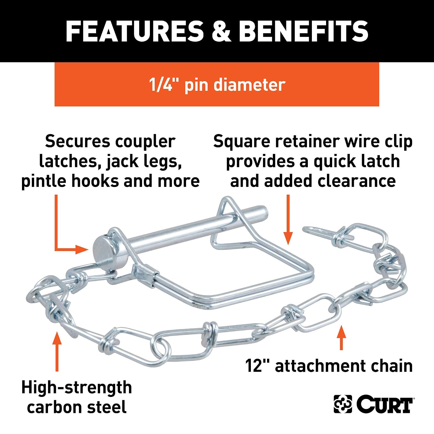 CURT 25012 Trailer Coupler Pin with 12-Inch Chain, 1/4-Inch view 3