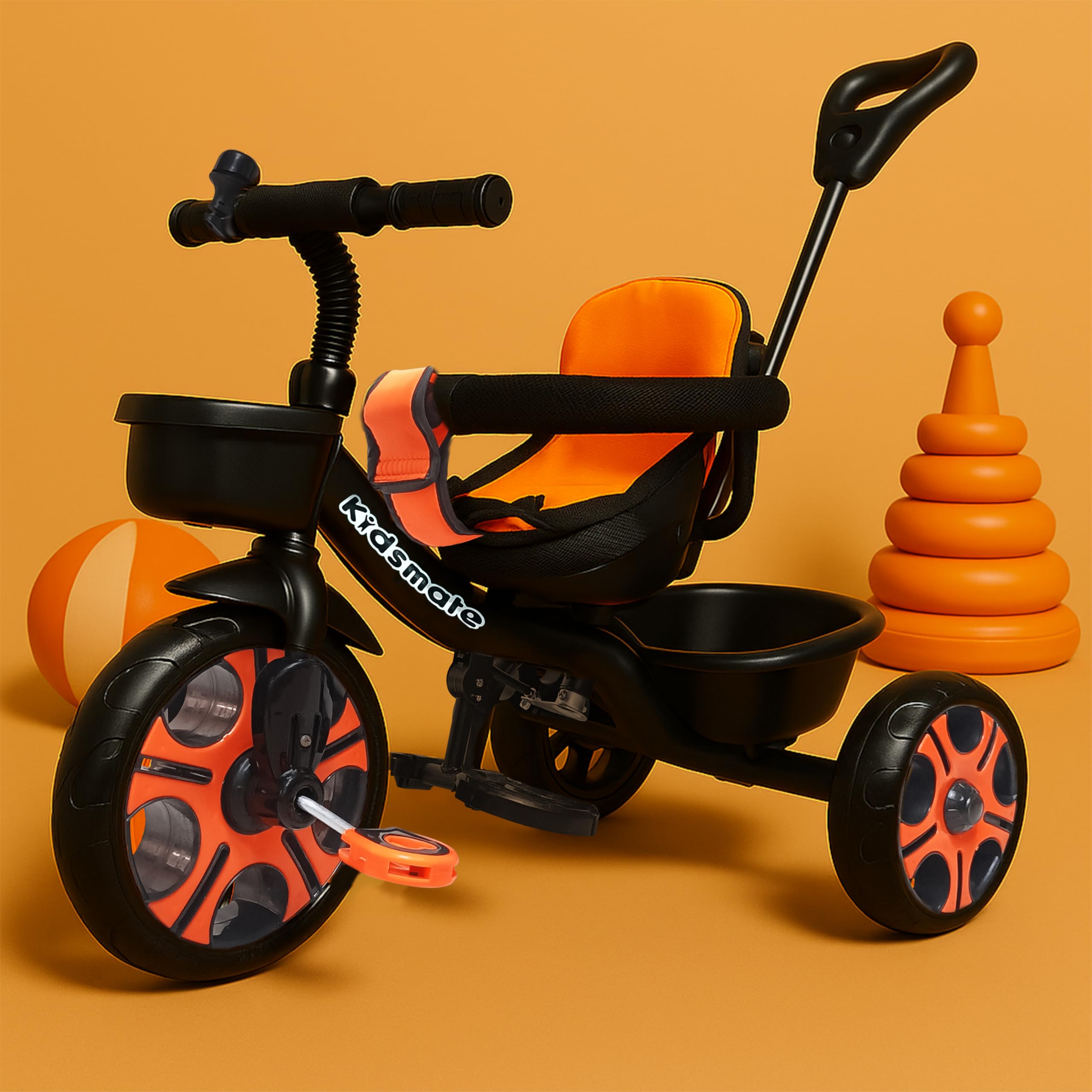 Kidsmate Thunder Plug N Play Kids/Baby Tricycle with Safety Guard Rail and Parental Control | Storage Basket | Fabric Cushion Seat & Bell for 12 Months to 48 Months Boys/Girls (Black_Orange)