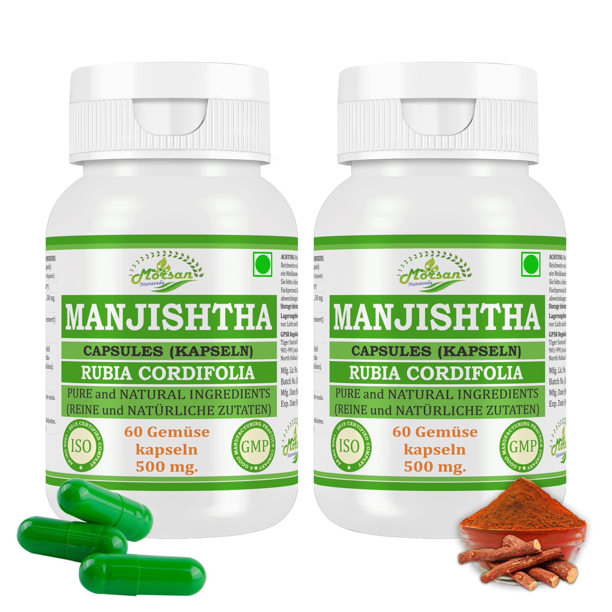 Manjishtha (Rubia Cordifolia, Manjith) Extrakt mit 10:1 Stärke, 500 mg x 60 vegane Kapseln | Ayurvedisches Kräuterergänzungsmittel für Männer und Frauen (2 Flaschen mit 60 Kapseln)