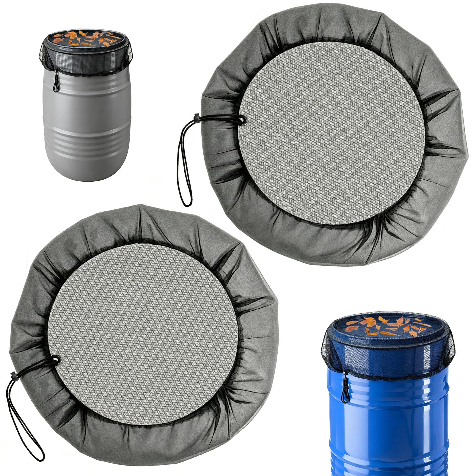 2 Pcs Water Butt Cover, Adjustable Water Butt Net Rain Barrel Cover with Drawstring, Mesh Rainwater Collector Protector for Outdoor Garden, Keeps Leaves and Mosquitos Out
